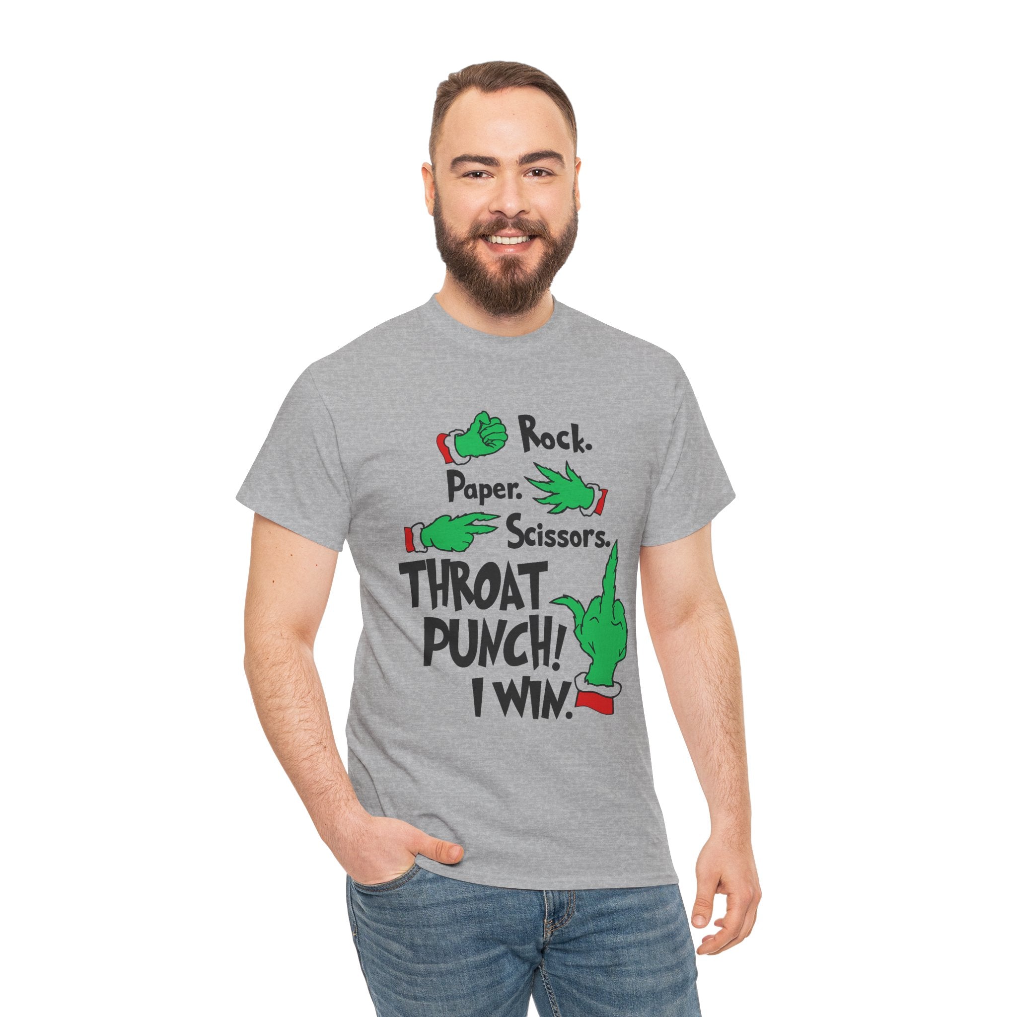 Funny Holiday Tee — "Rock. Paper. Scissors. Throat Punch! I Win" Graphic T-Shirt