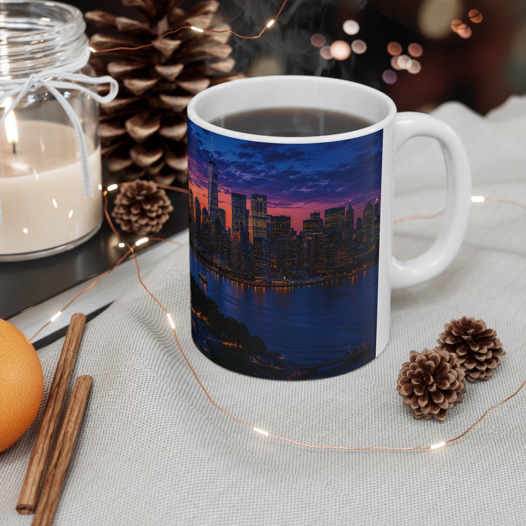 New York Sunset Ceramic Mug — Statue of Liberty Skyline 11oz & 15oz
