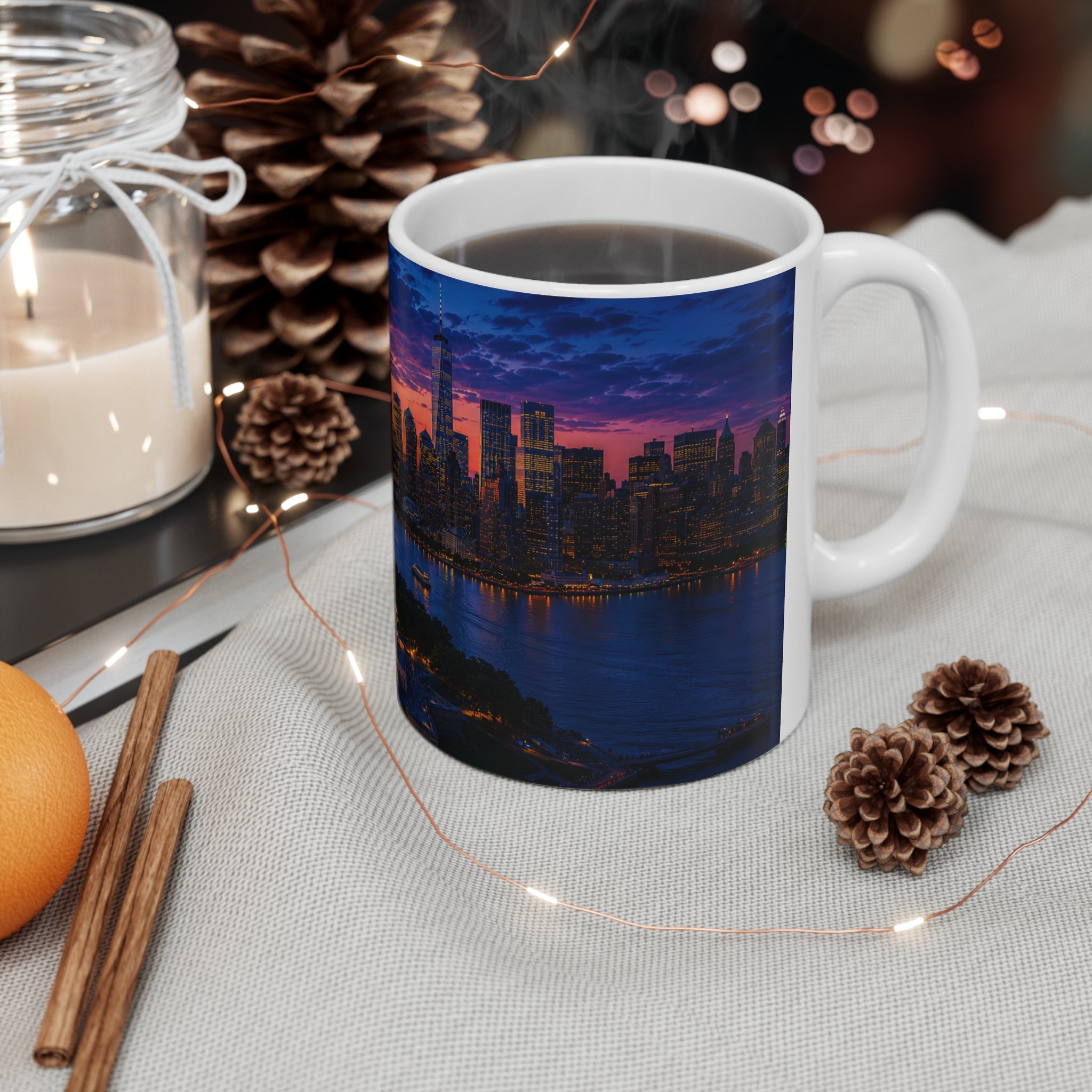 New York Sunset Ceramic Mug — Statue of Liberty Skyline 11oz & 15oz