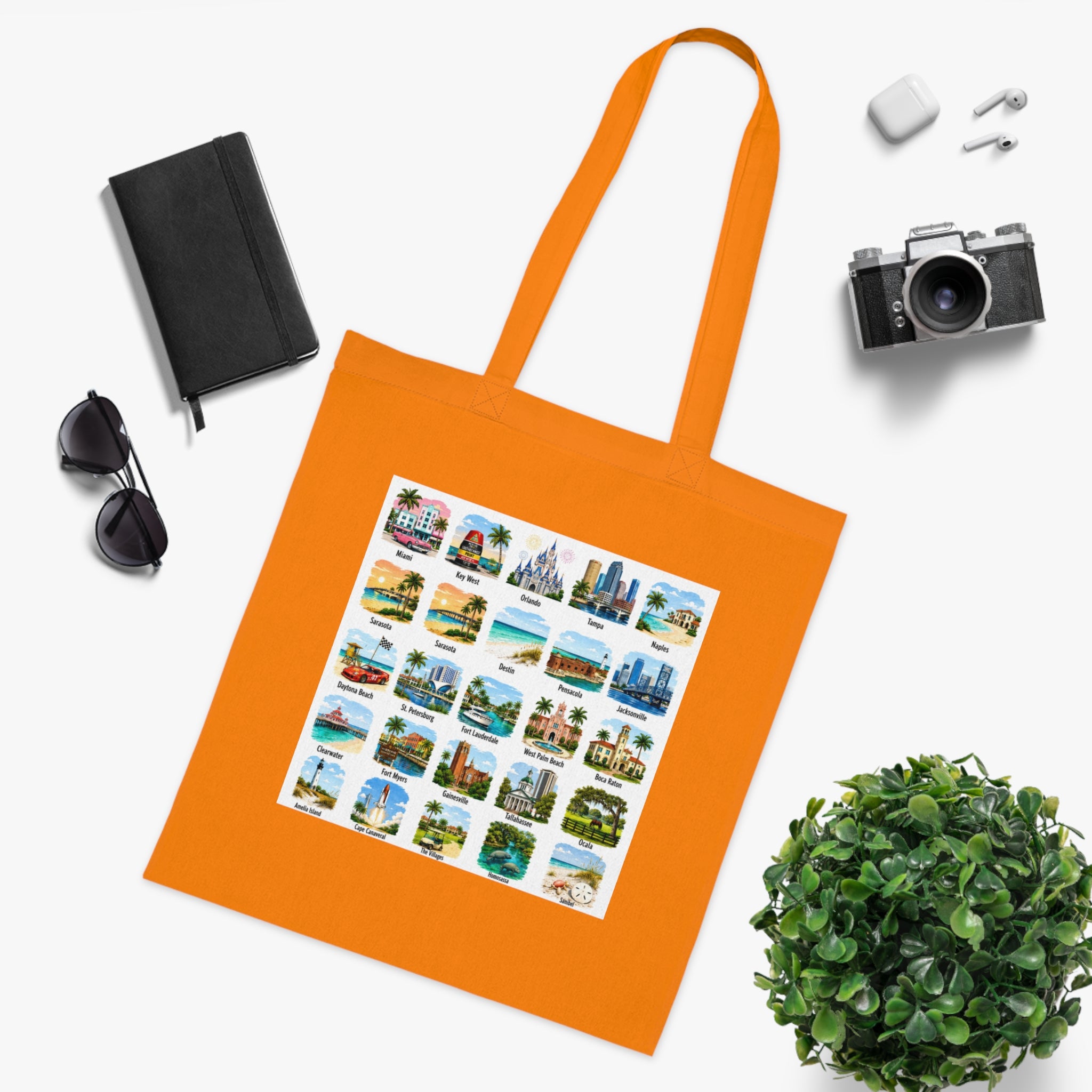 Florida City Landmarks Collage Cotton Tote – Vintage Travel Postcard Design