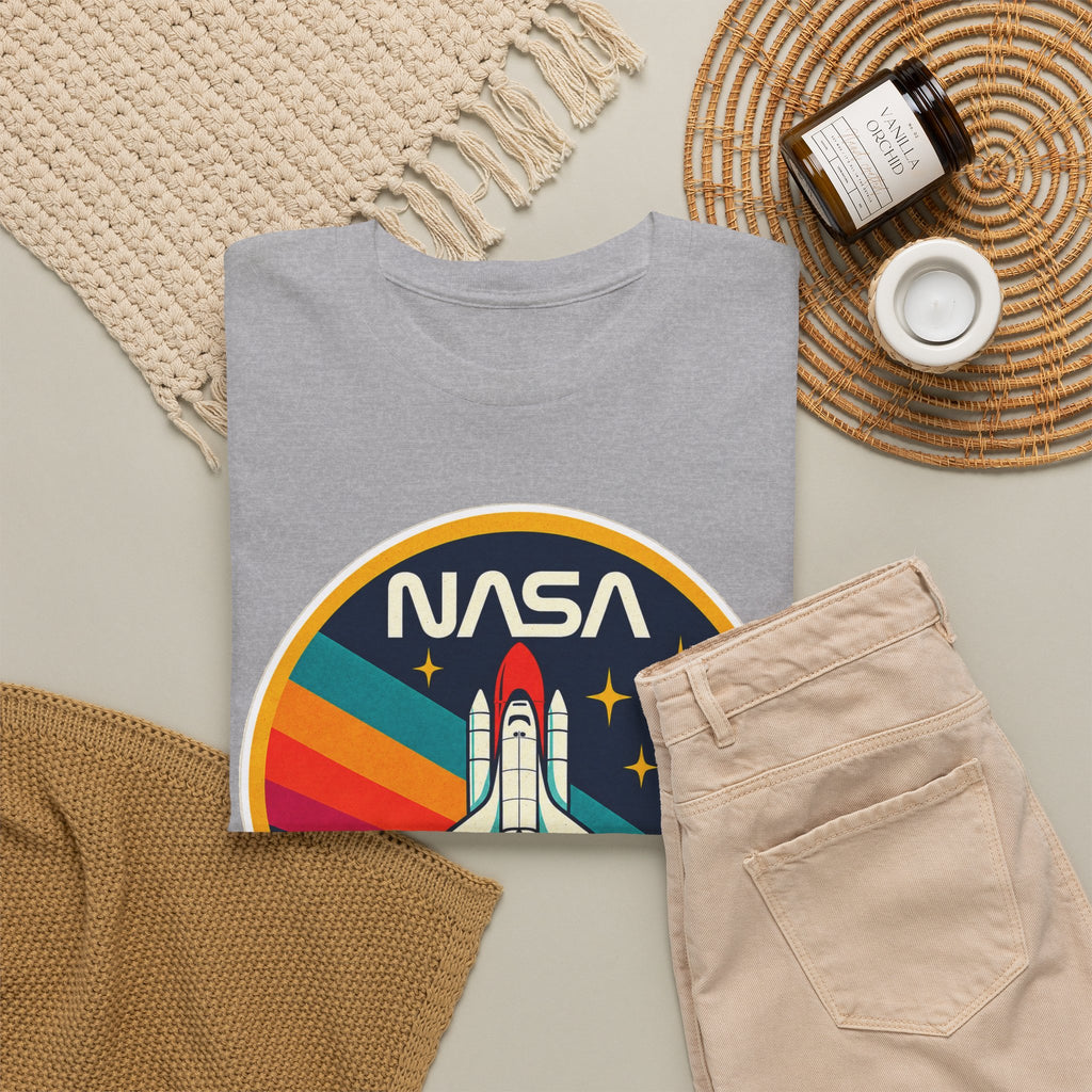 NASA Retro Rocket T‑Shirt — Vintage Space Shuttle Tee with Rainbow Trail