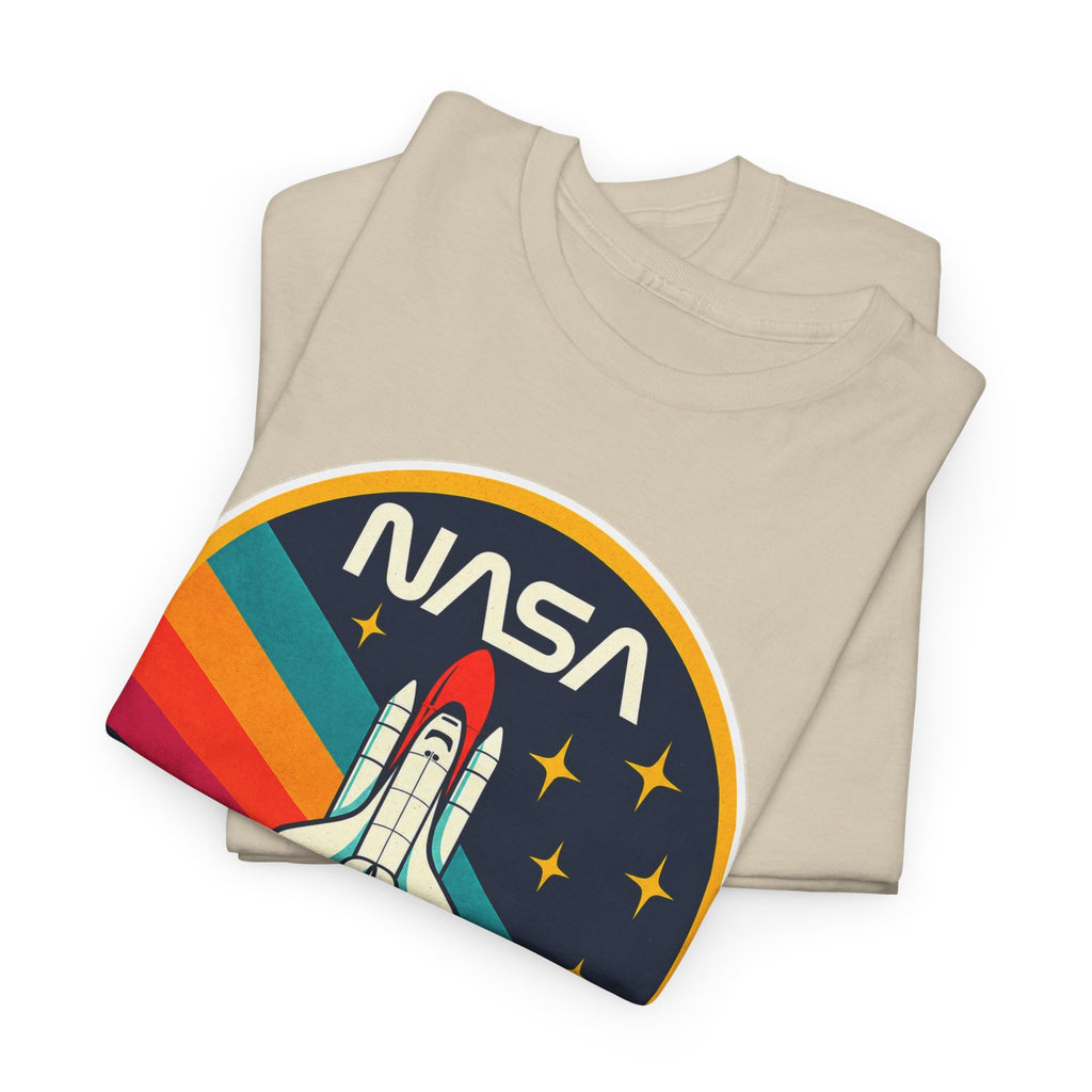 NASA Retro Rocket T‑Shirt — Vintage Space Shuttle Tee with Rainbow Trail