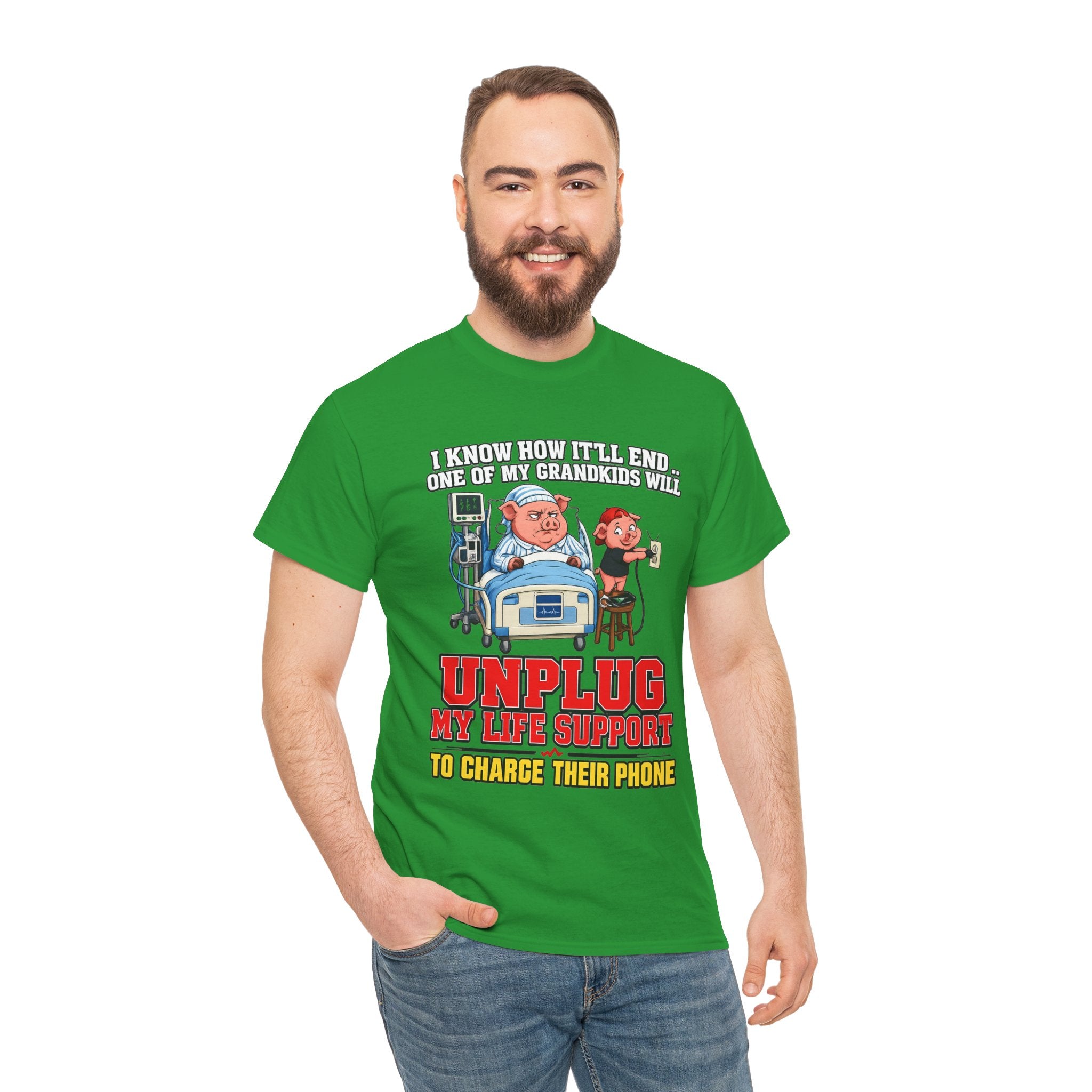 Funny Grandpa T-Shirt - "Unplug My Life Support to Charge Their Phone" Grandpa Humor Tee