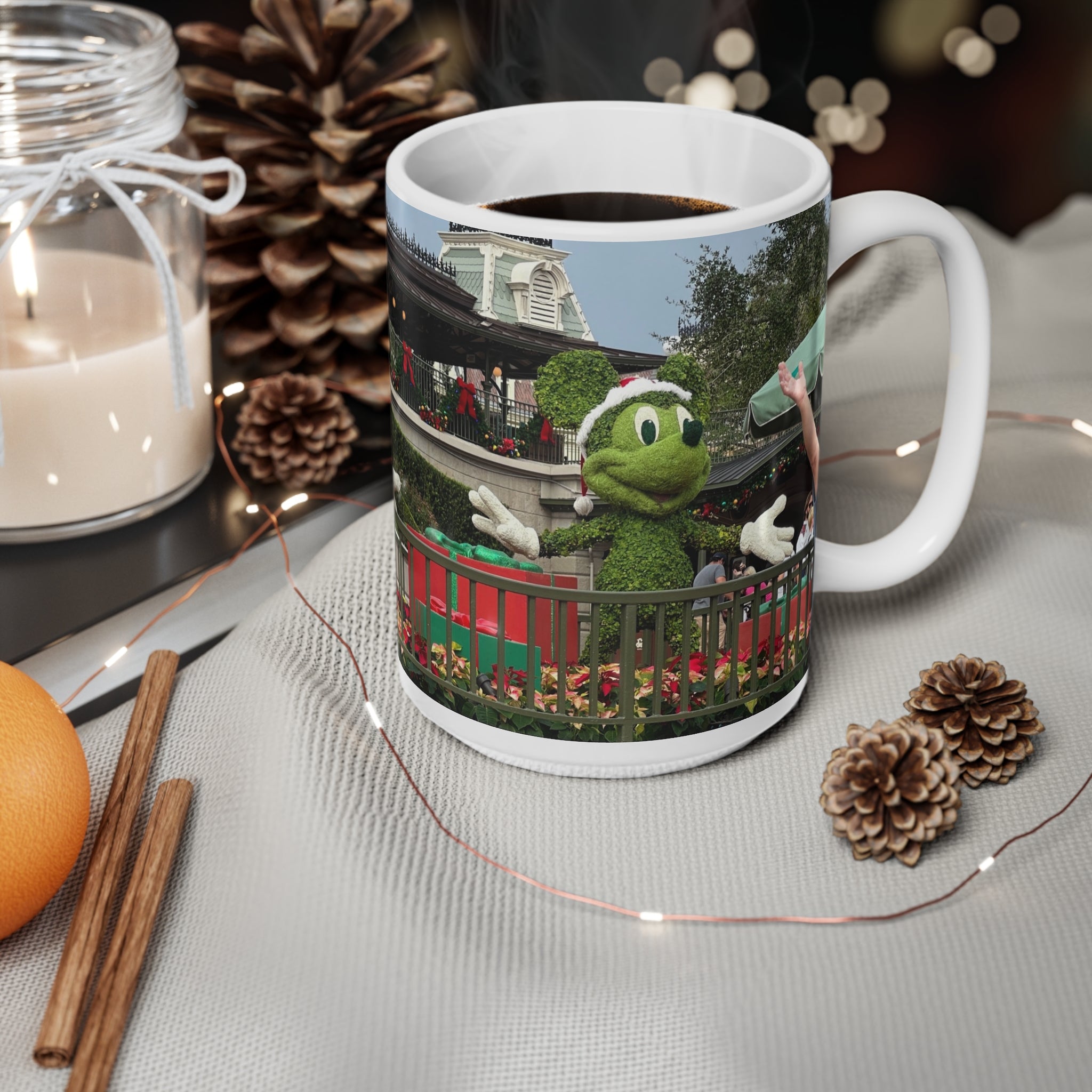 Christmas Topiary Mickey Ceramic Coffee Mug — Holiday Disney Park Souvenir (11oz/15oz)