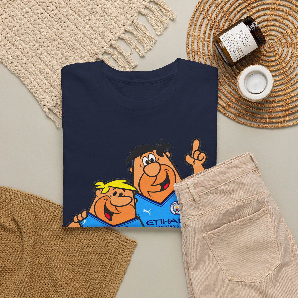 Manchester City The Flintstones Etihad Airways Cartoon Cotton T-Shirt