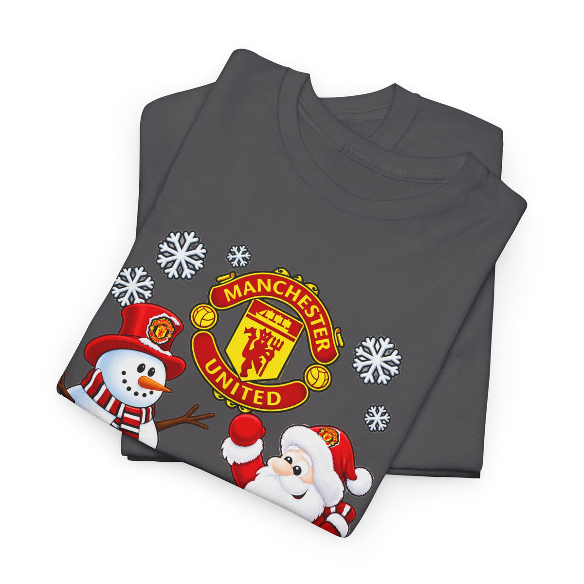 Manchester United Christmas Cotton Tee — Santa & Snowman Football Holiday Shirt