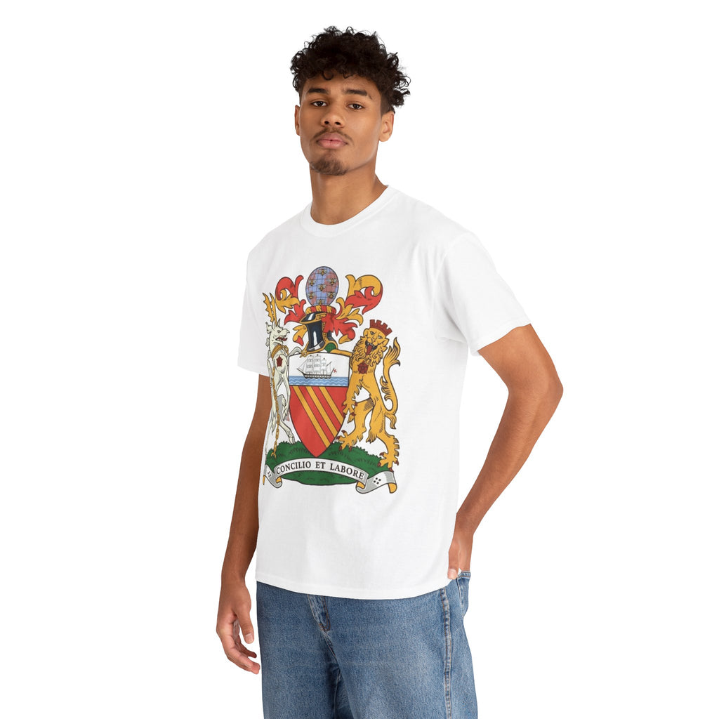 Manchester Coat of Arms Crest T‑Shirt — Heraldic Family Shield Tee with 'Concilio et Labore' Banner