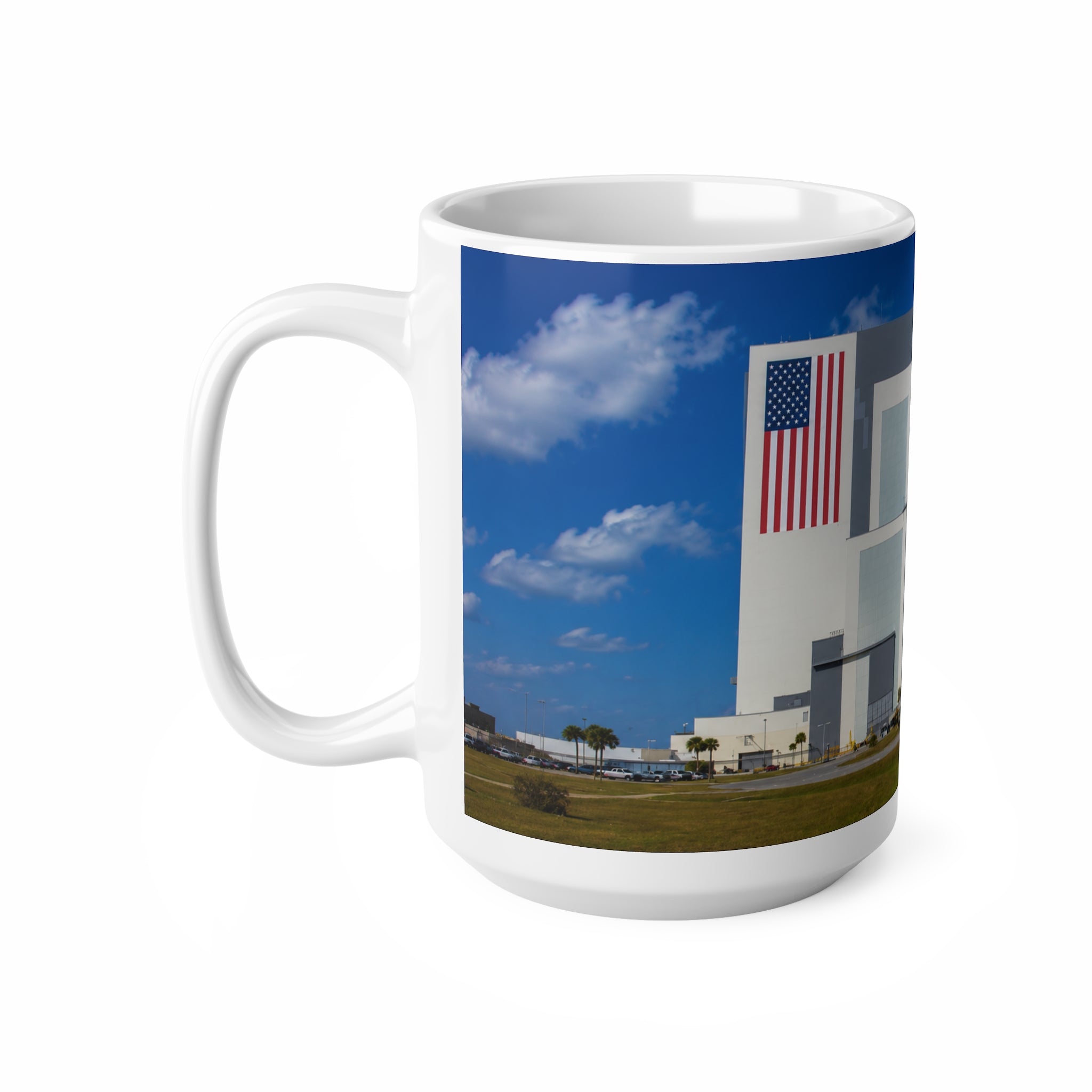 NASA Vehicle Assembly Building Photo Mug — American Flag Kennedy Space Center Souvenir (11oz & 15oz)