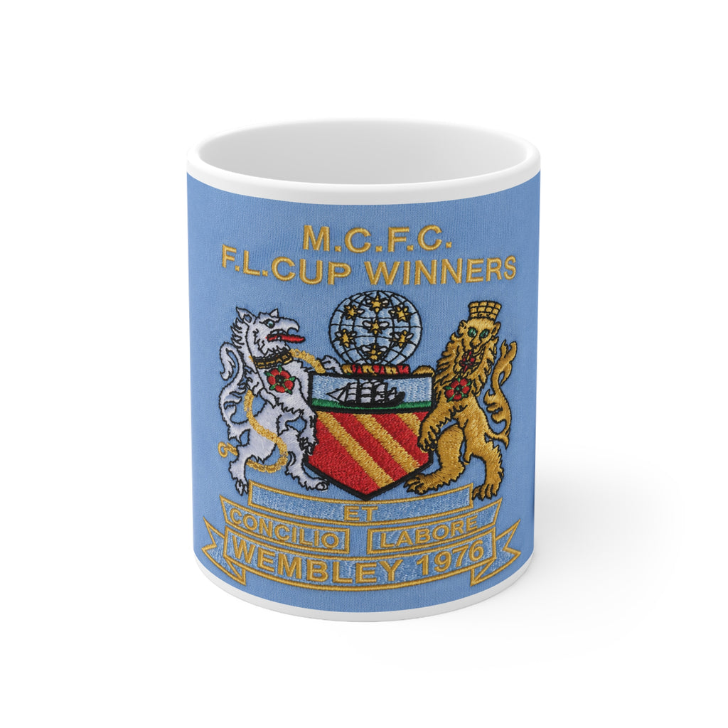 Manchester City Football Club Crest Mug — 'M.C.F.C. F.L. Cup Winners 1976' Ceramic Coffee Cup (11oz, 15oz)