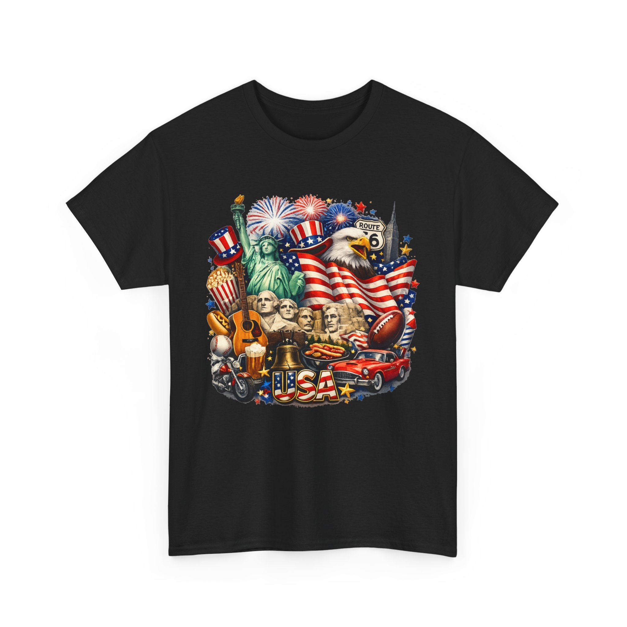 Patriotic USA Graphic Tee – American Flag, Statue of Liberty & Fireworks T-Shirt