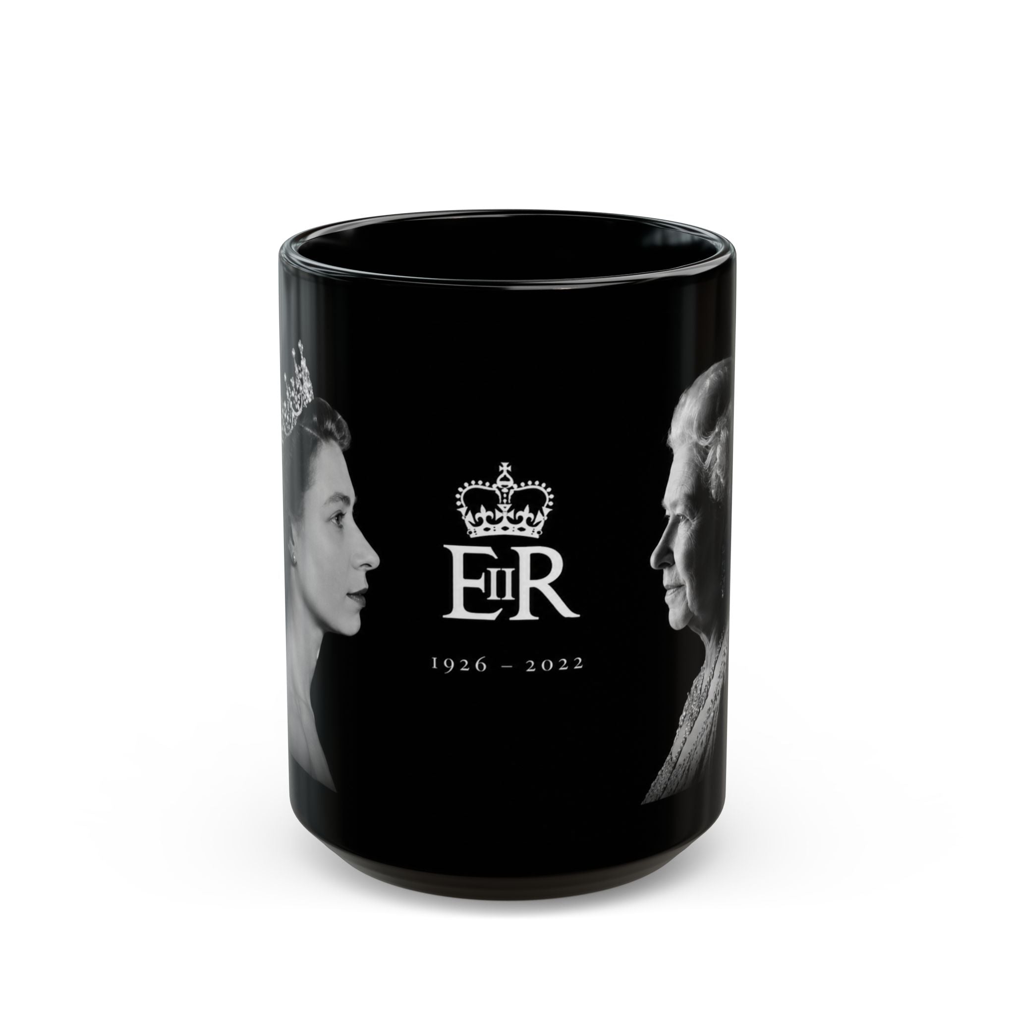 Queen Elizabeth II Memorial Black Mug – E II R Tribute Design (1926–2022)