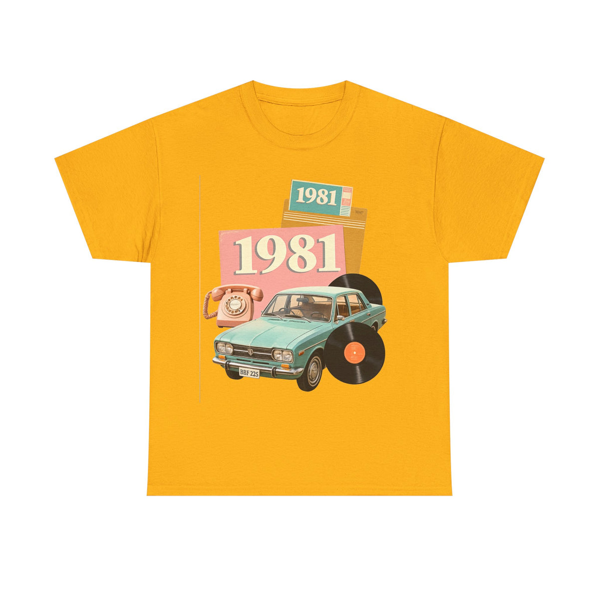 1981 Retro Car Tee — Vintage 80s Birthday T-Shirt with Record & Telephone Design