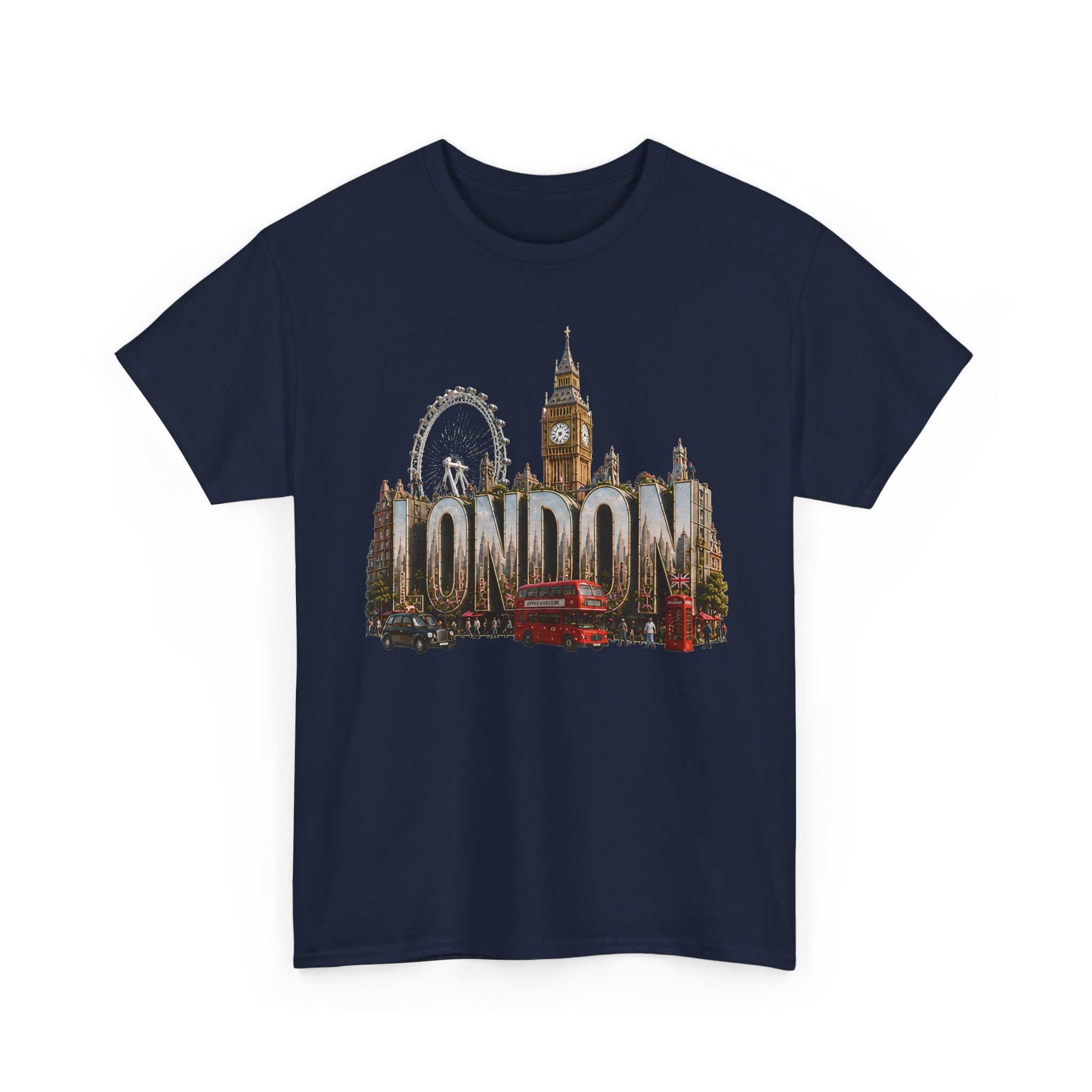London Skyline T-Shirt — London Text with Big Ben & London Eye Graphic