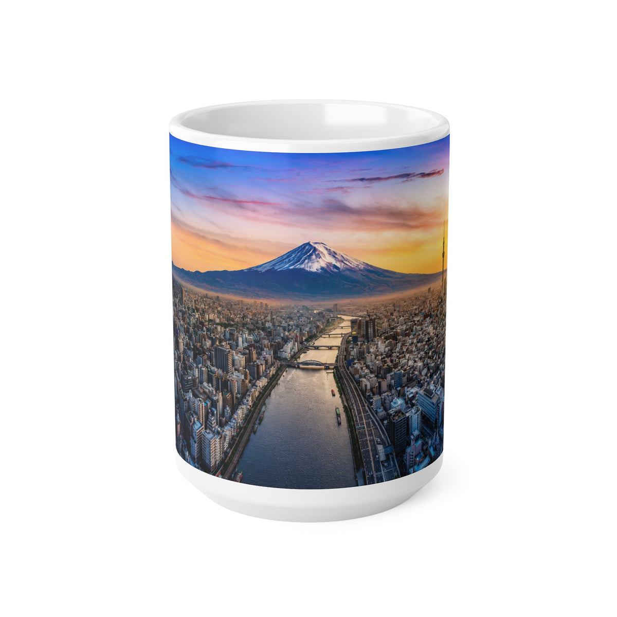 Mountain City Sunrise Ceramic Mug — Scenic Mount Fuji Panorama Coffee Cup (11oz, 15oz)