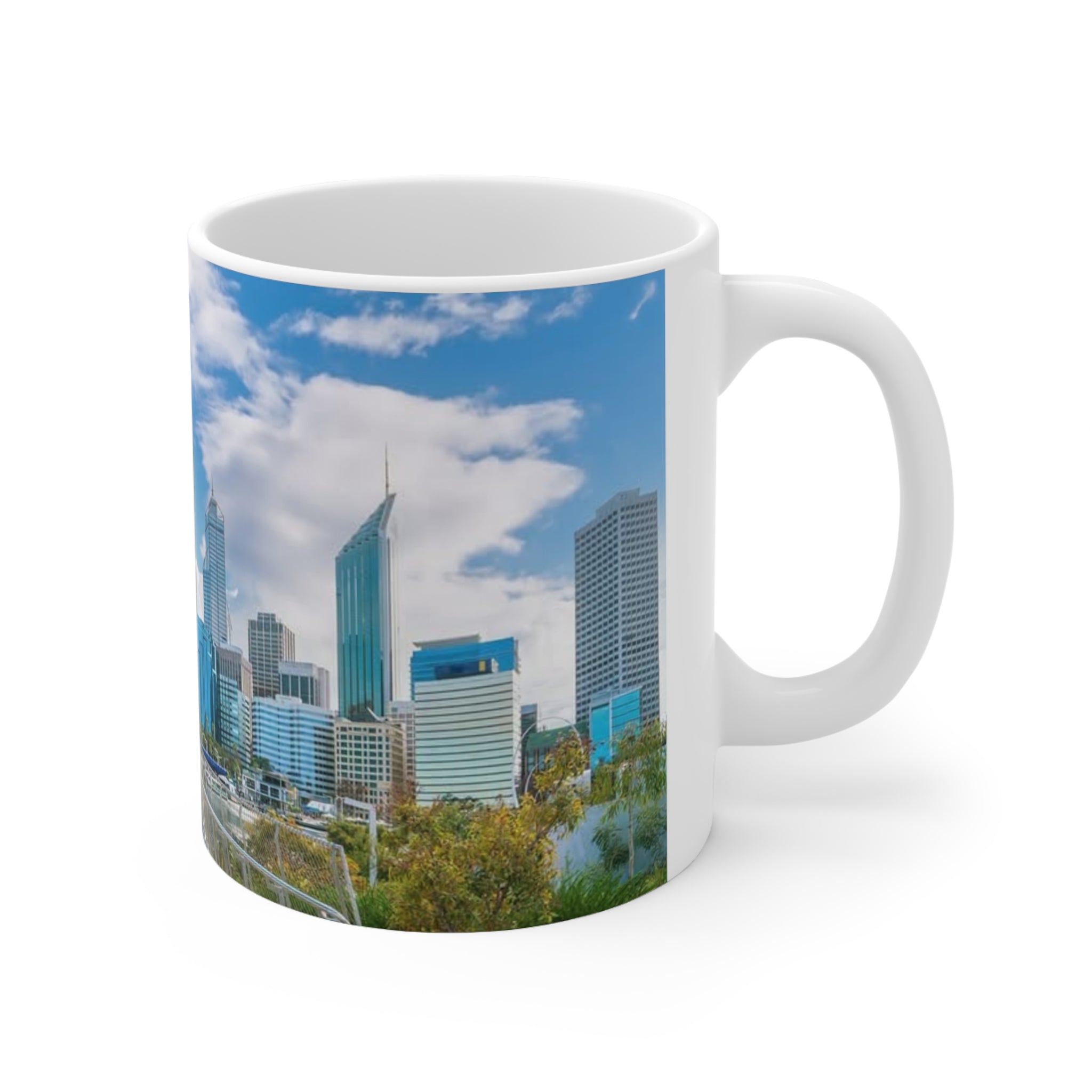 City Skyline Ceramic Mug — Modern Urban Bridge Coffee Cup (11oz & 15oz)