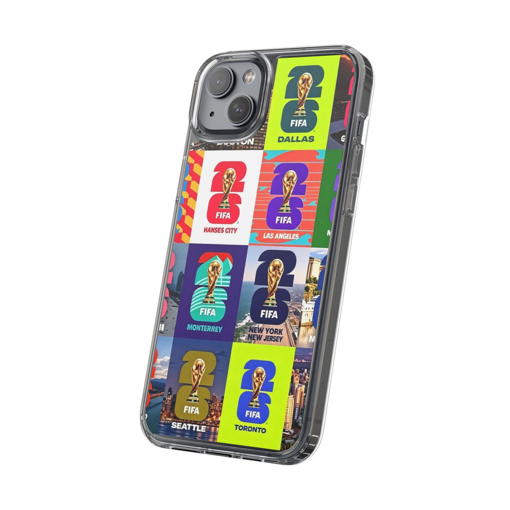 FIFA World Cup Pop Art Clear Phone Case — City Badge Collage (Dallas, LA, Monterrey, Toronto, Seattle)