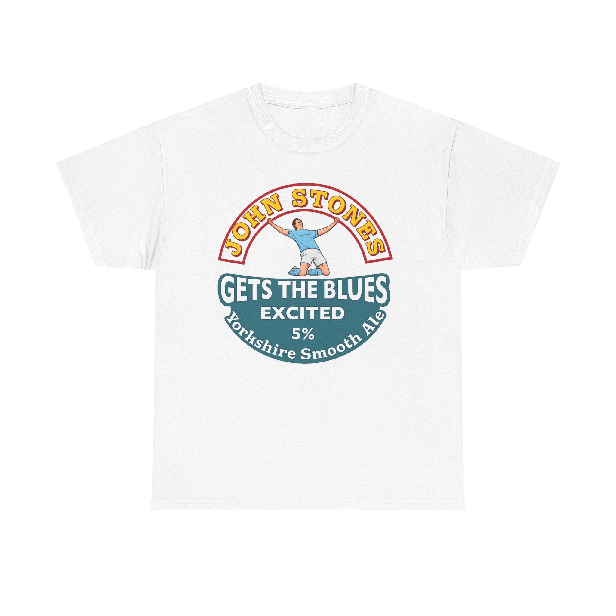 John Stones T-Shirt — "Gets The Blues Excited" Retro Ale Parody Tee