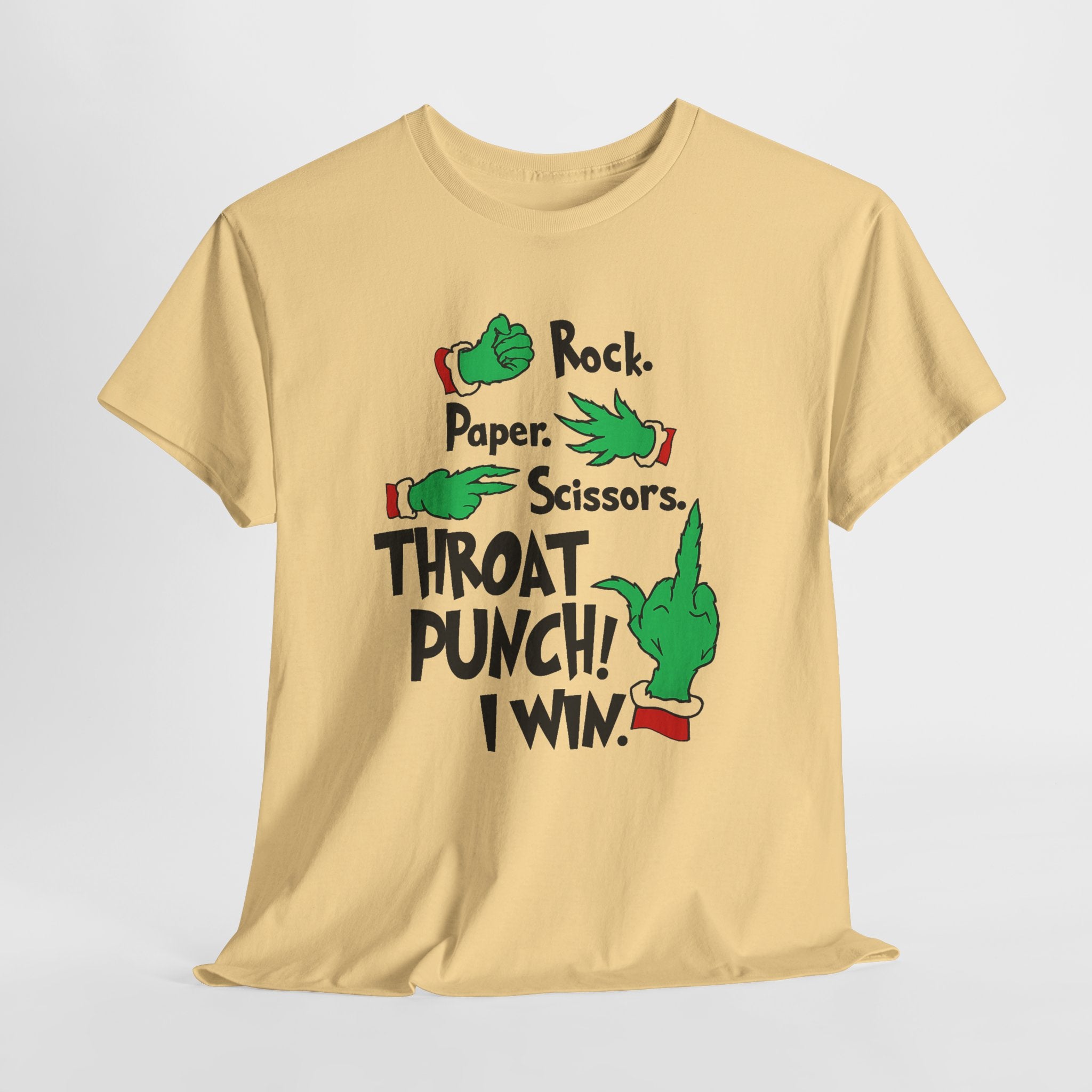 Funny Holiday Tee — "Rock. Paper. Scissors. Throat Punch! I Win" Graphic T-Shirt