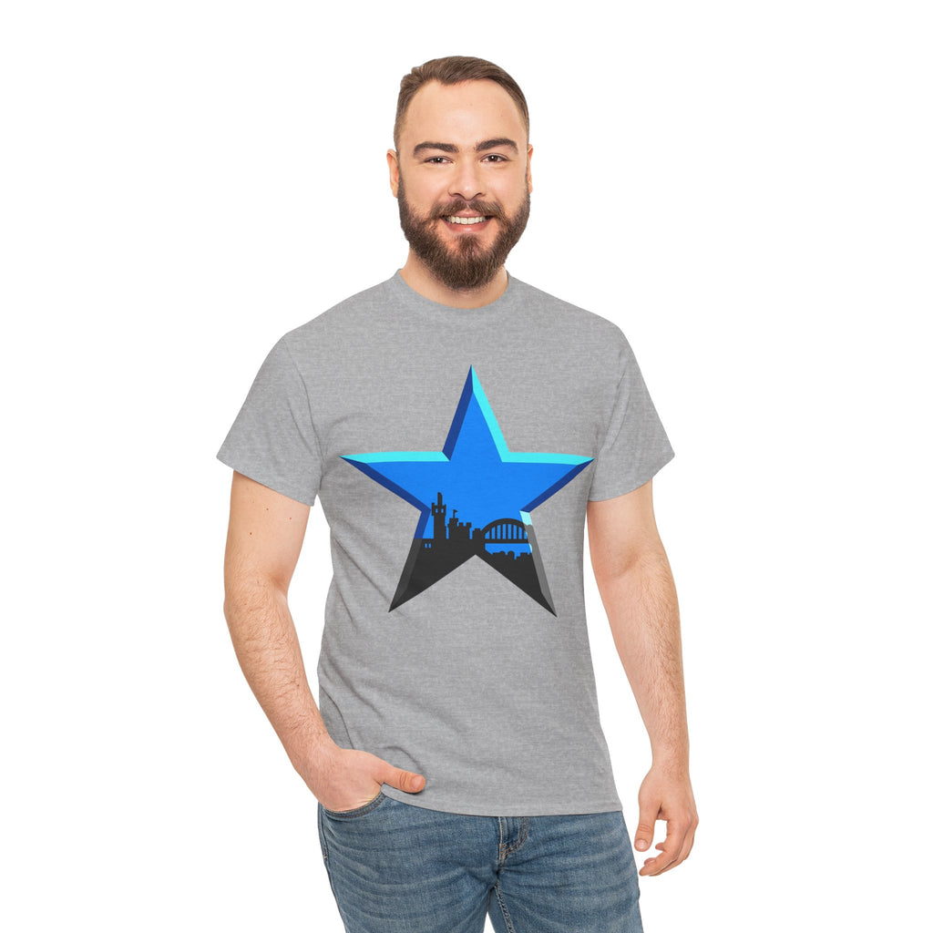 Newcastle City Skyline Star Retro Cotton T-Shirt — Blue Star with Urban Skyline Graphic