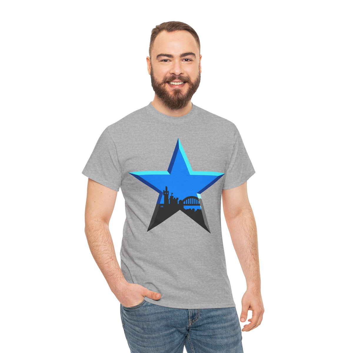 Newcastle City Skyline Star Retro Cotton T-Shirt — Blue Star with Urban Skyline Graphic