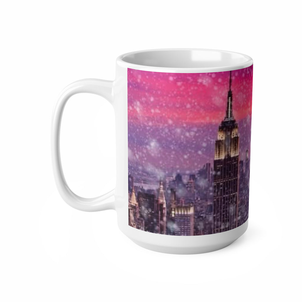 New York City Skyline Mug — Pink Sunset Snowfall Ceramic Coffee Cup (11oz & 15oz)