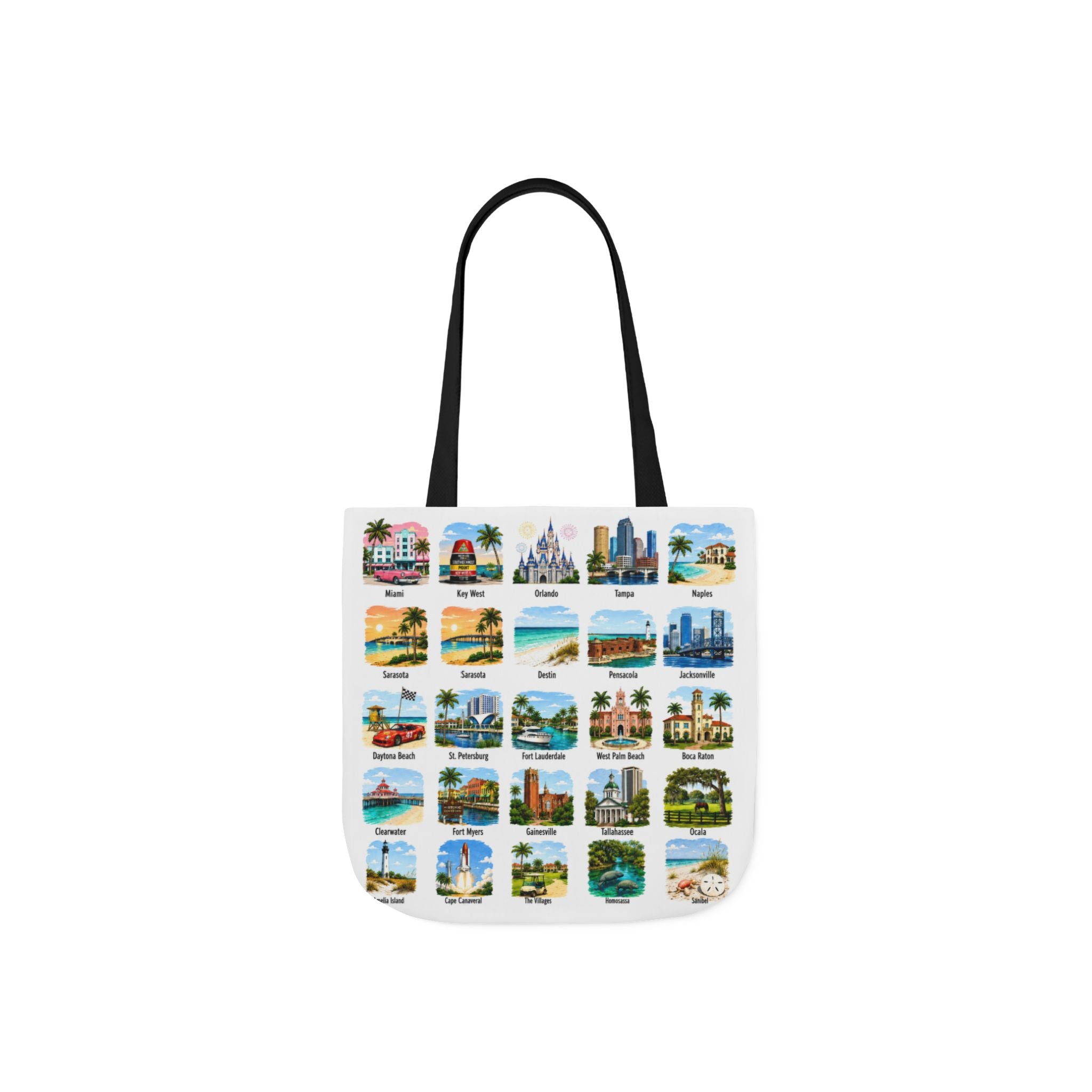 Florida City Landmark Collage Canvas Tote Bag — Vintage Travel Icons Print