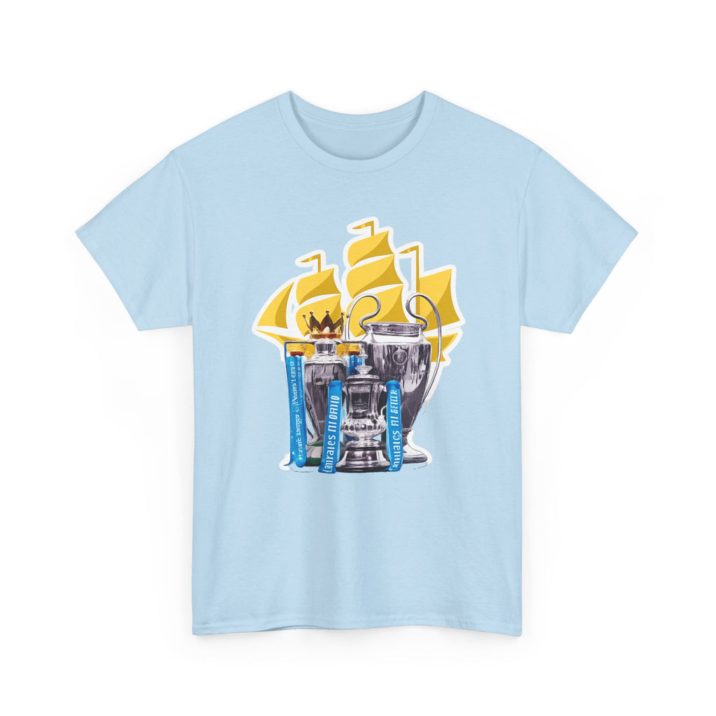Manchester City Champions Trophy Tee – Golden Cups & Blue Scarves Football Fan Shirt
