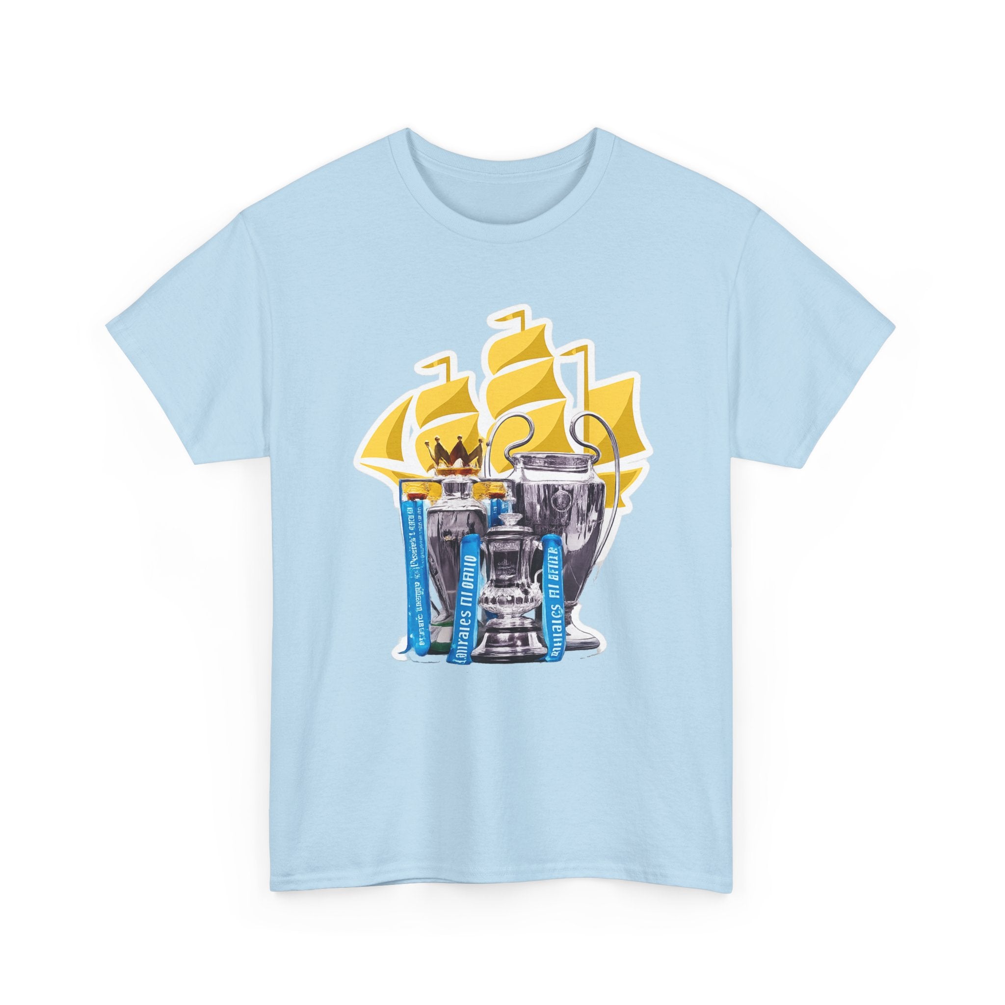 Manchester City Champions Trophy Tee – Golden Cups & Blue Scarves Football Fan Shirt
