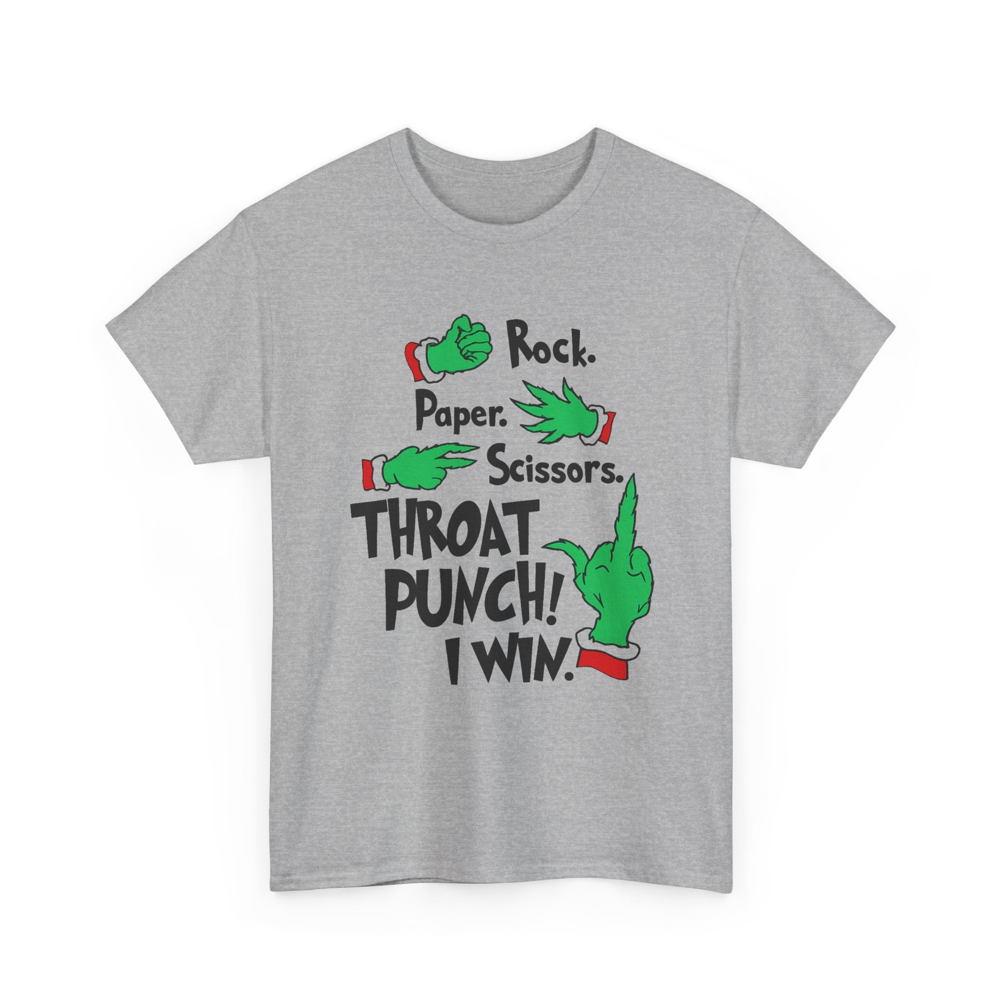 Funny Holiday Tee — "Rock. Paper. Scissors. Throat Punch! I Win" Graphic T-Shirt