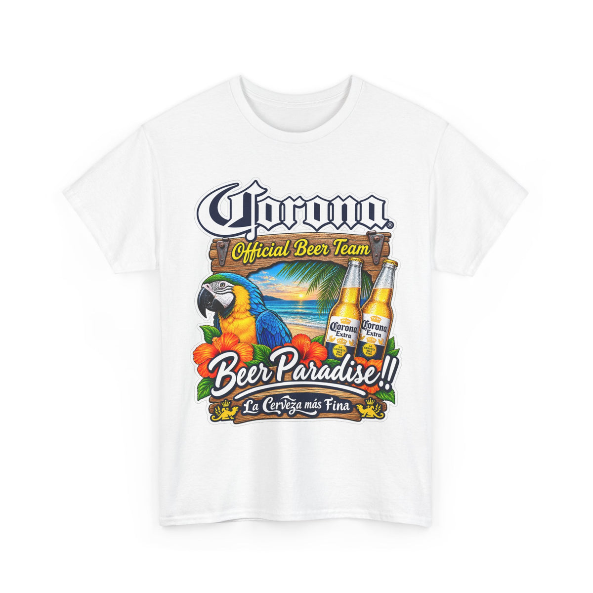 Corona Beer Paradise Tee — Tropical Parrot Beach Beer T‑Shirt