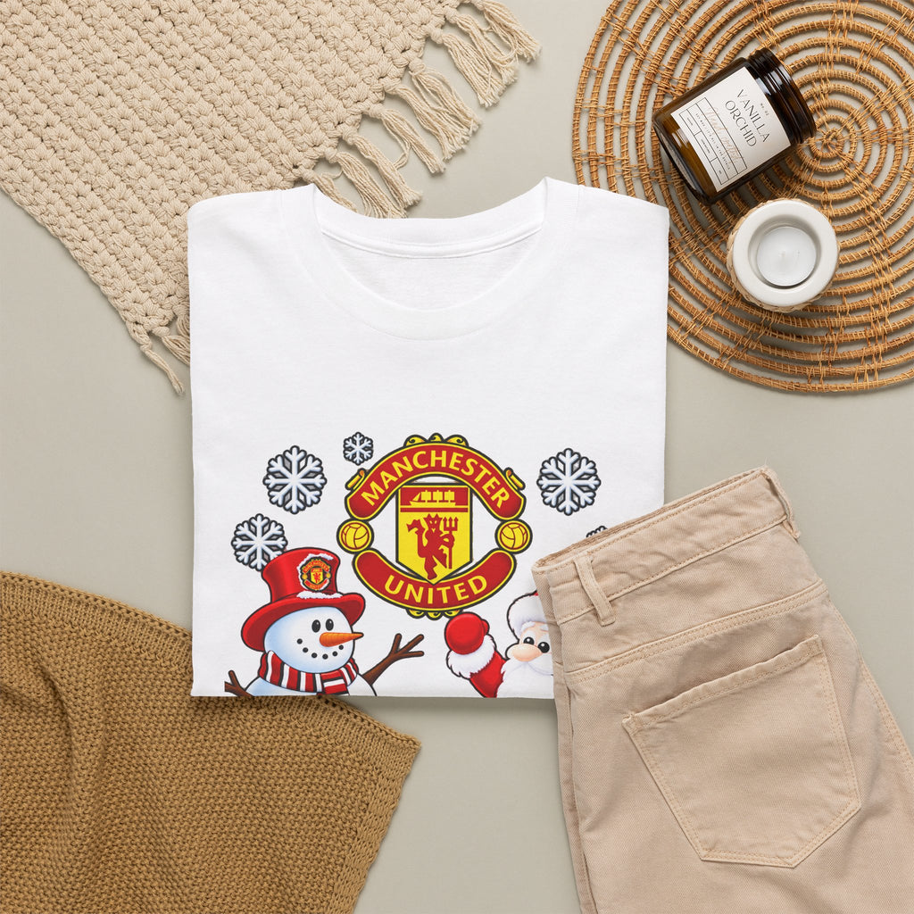 Manchester United Christmas Cotton Tee — Santa & Snowman Football Holiday Shirt