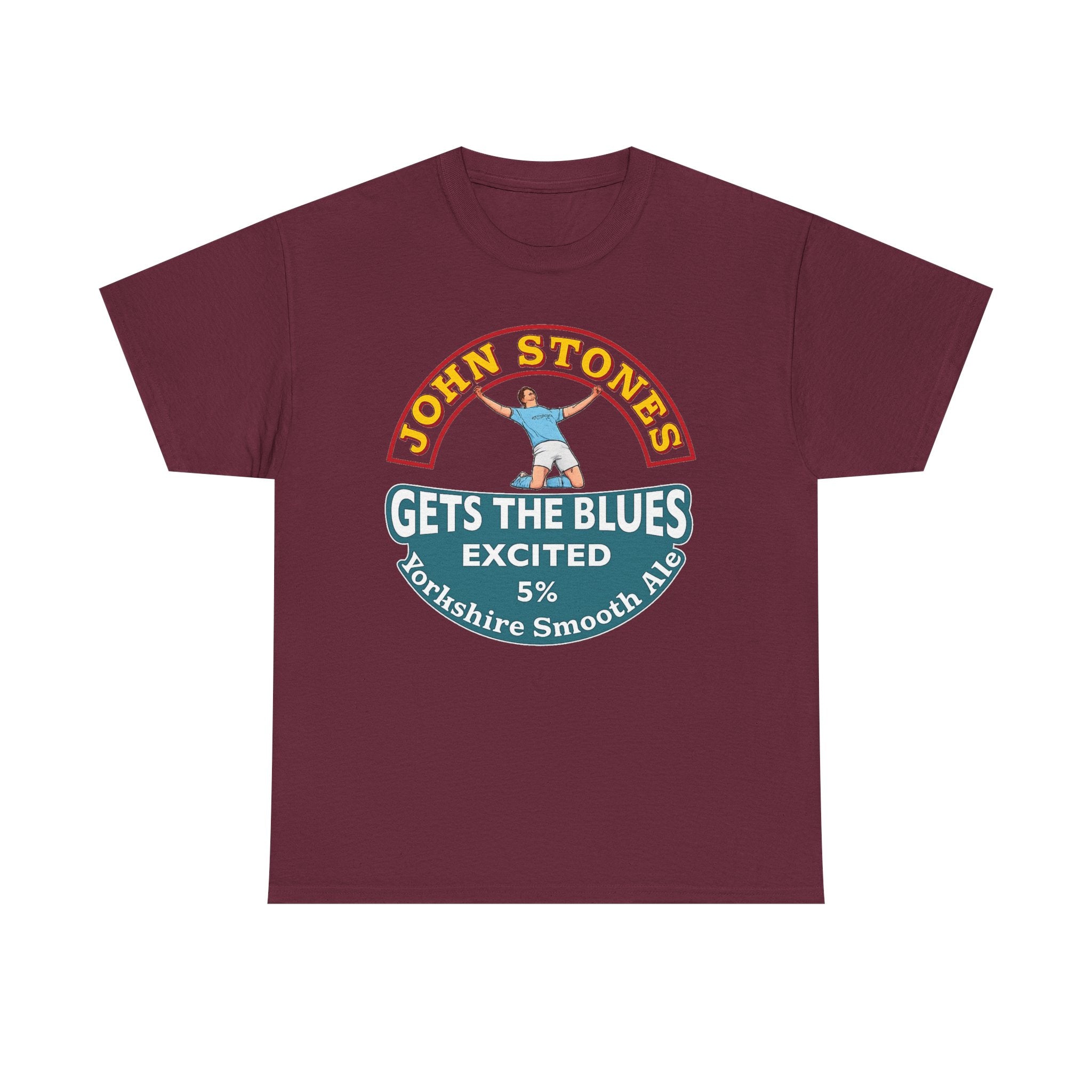 John Stones T-Shirt — "Gets The Blues Excited" Retro Ale Parody Tee