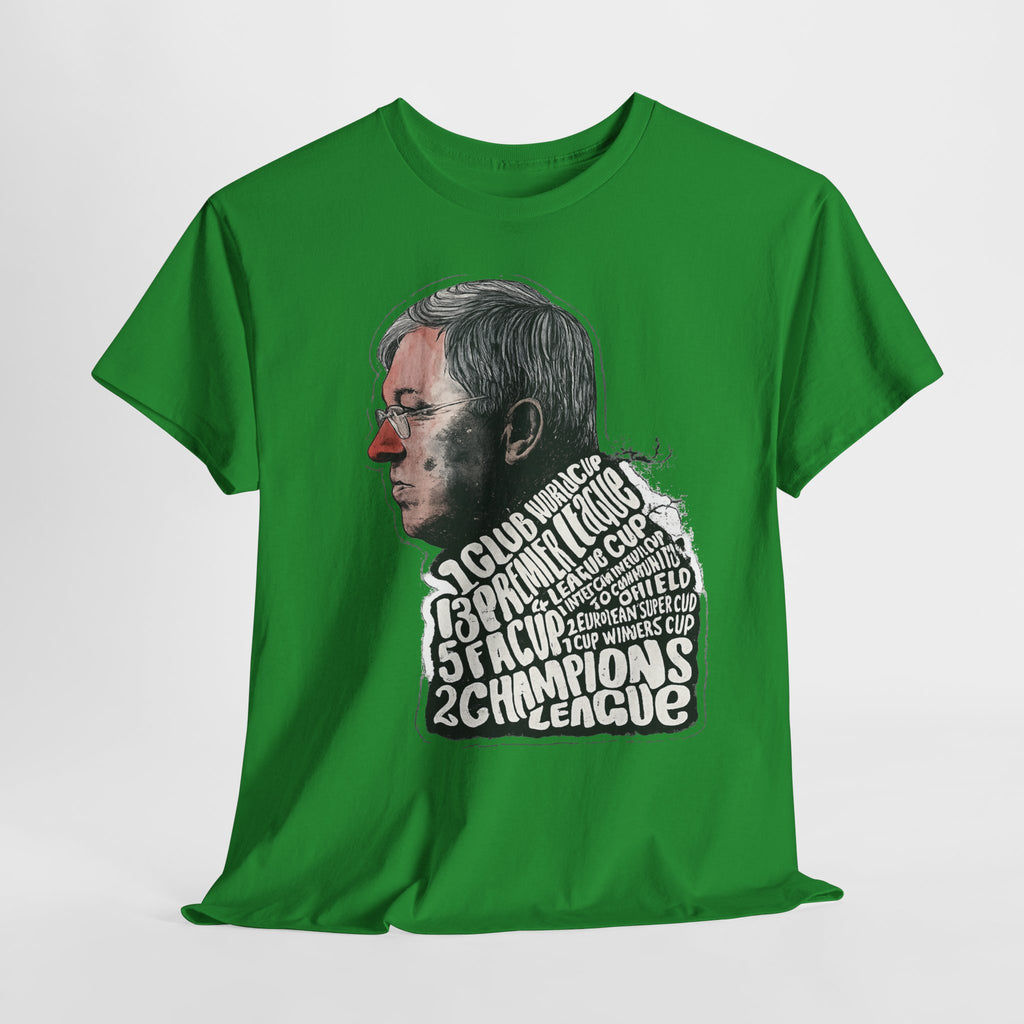SIr Alex Ferguson Achievements Vintage Football Manager Profile Tee — Illustrated Head with Trophy Text Design
