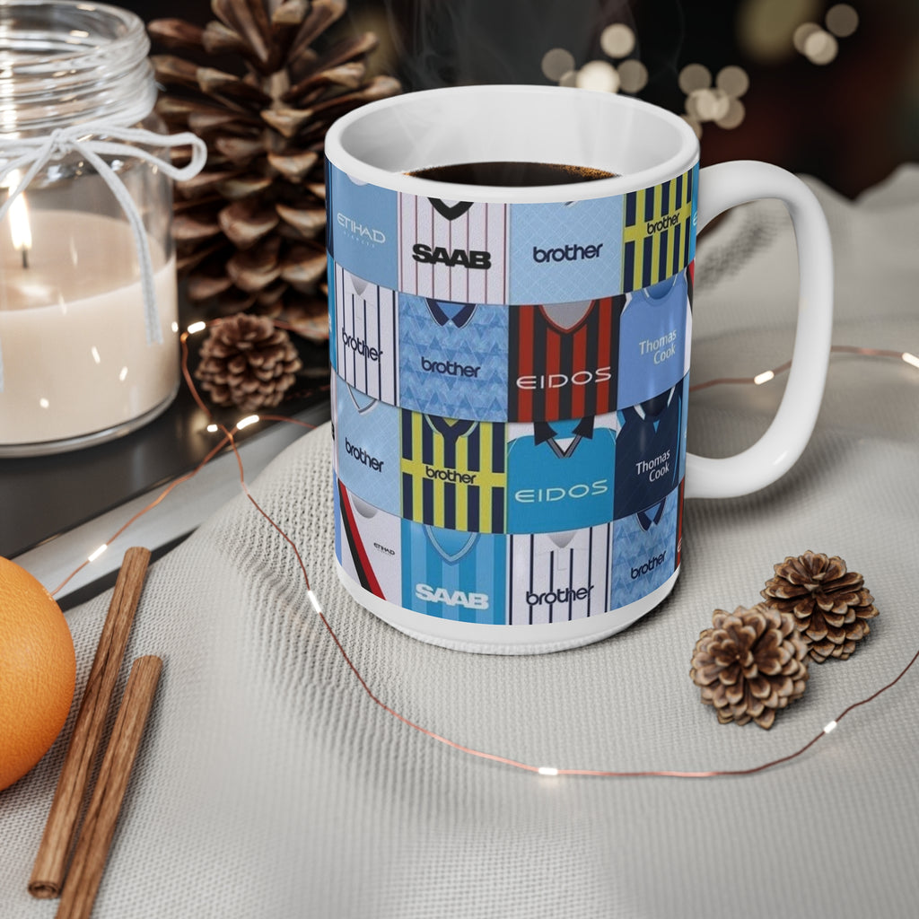 Manchester City Retro Football Kit Collage Mug — Vintage Soccer Jersey Pattern Coffee Cup (11oz & 15oz)