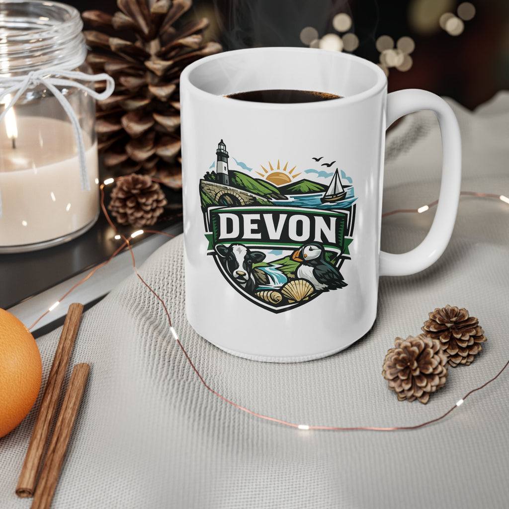 Devon Scenic Mug — Coastal Lighthouse, Puffin & Cow Ceramic Coffee Cup (11oz & 15oz)