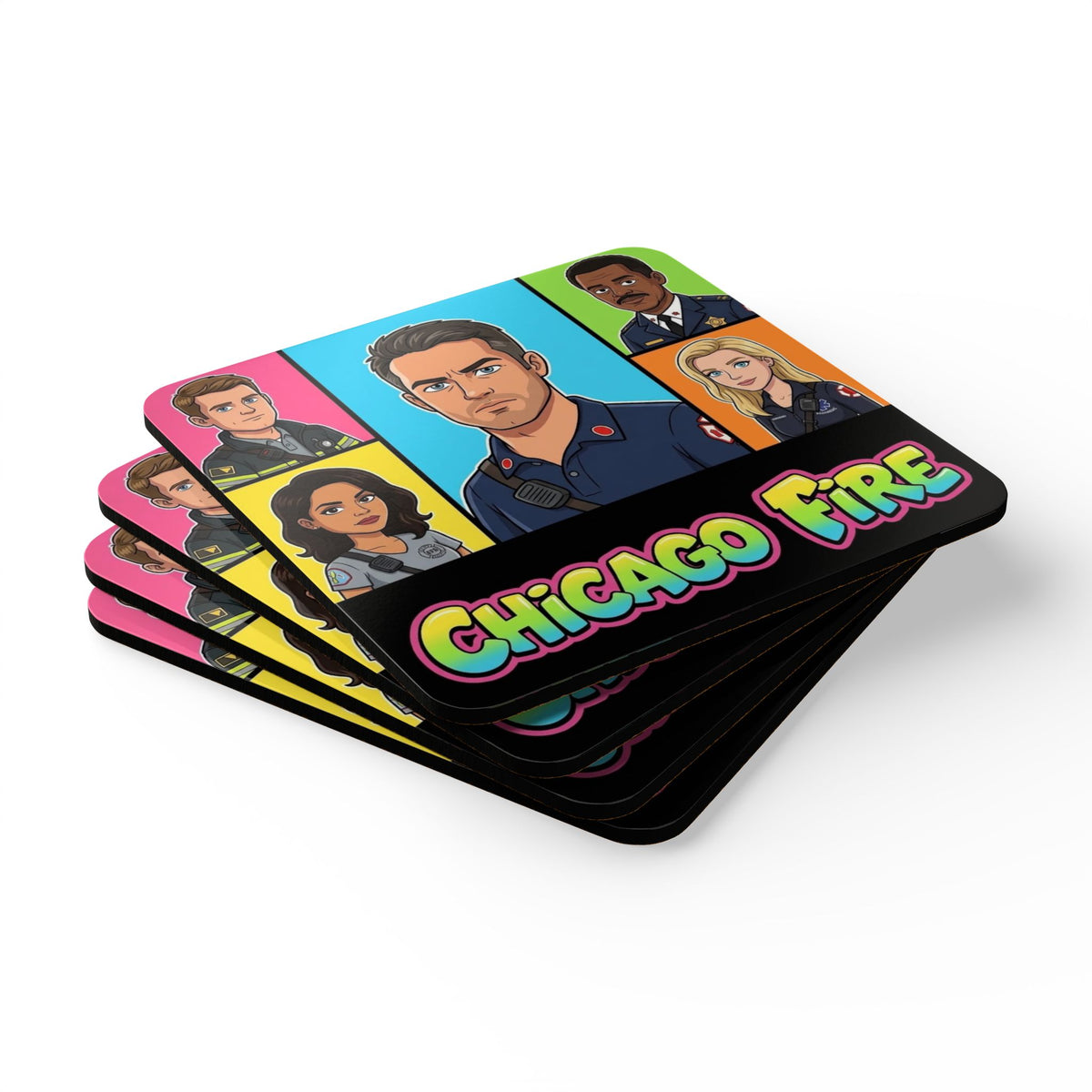 Chicago Fire Cartoon Cork Coaster Set — TV Show Character Drink Coasters
