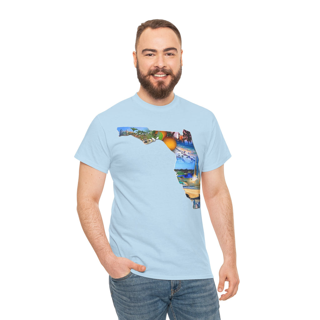 Florida State Shape T-Shirt — Scenic Beach & Sunset Map Tee