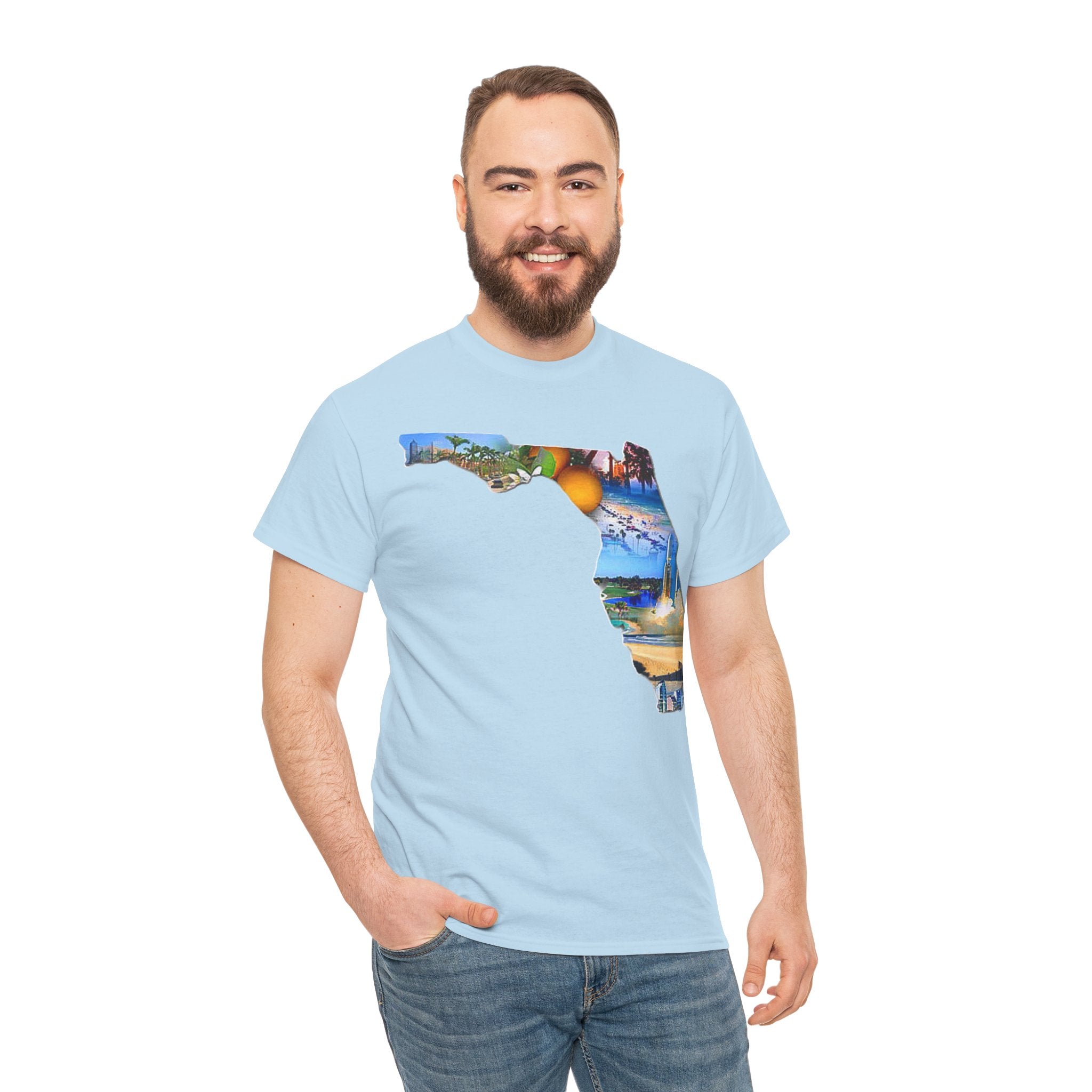 Florida State Shape T-Shirt — Scenic Beach & Sunset Map Tee