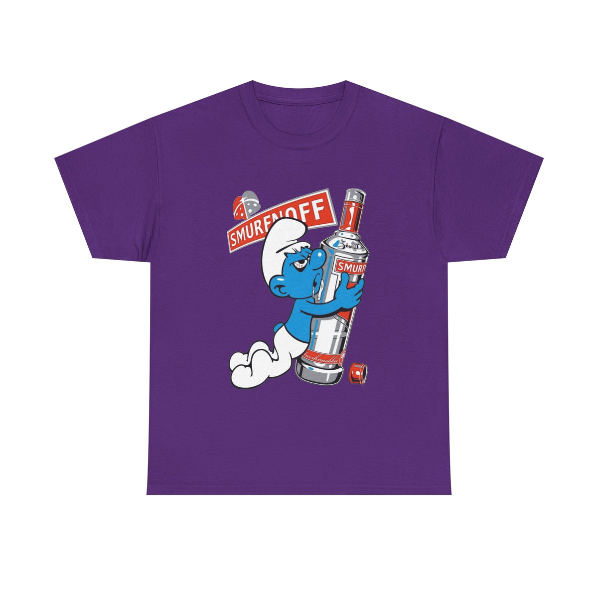 Smurf Holding Bottle Graphic Tee — "Smurf Off" Retro Cartoon T-Shirt