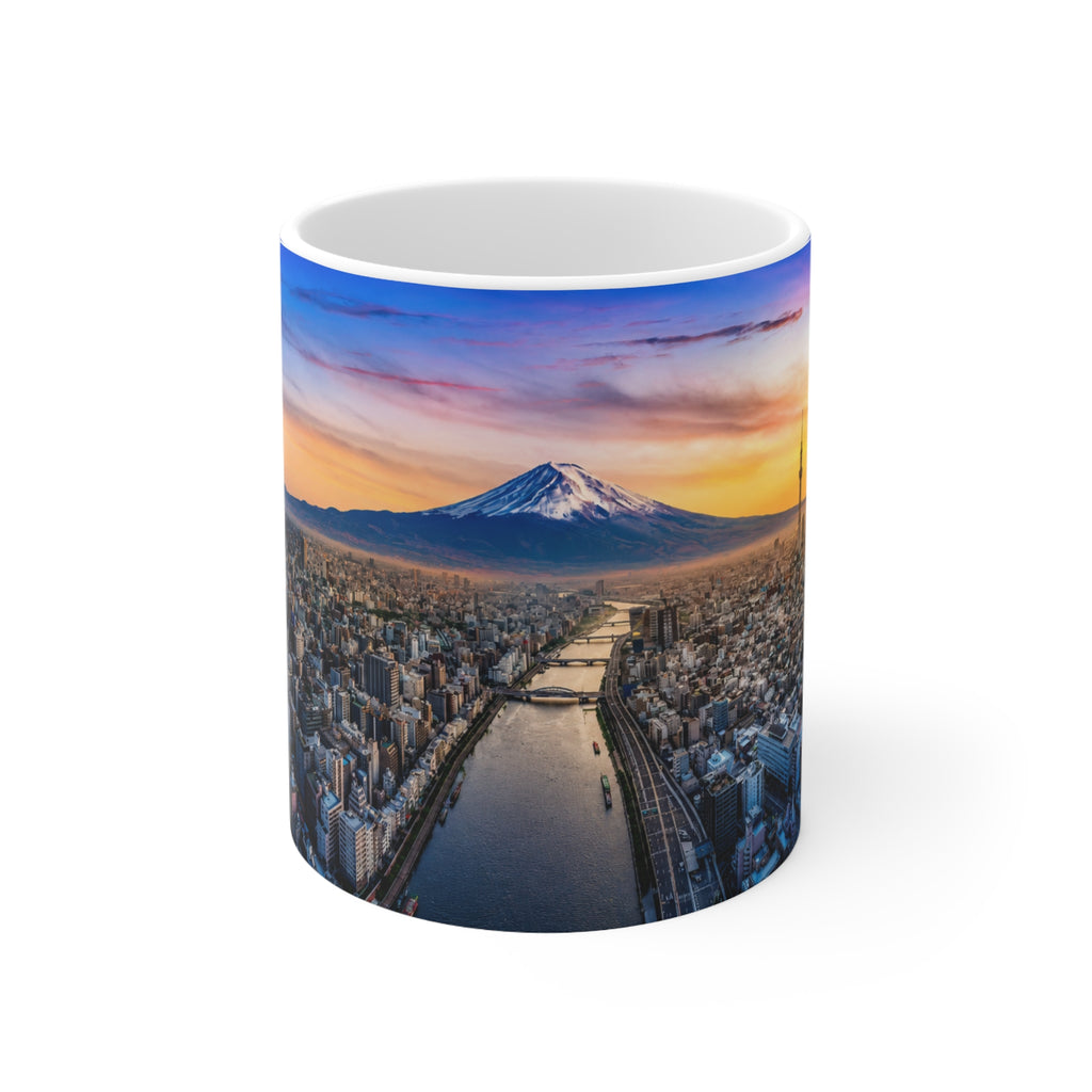 Mountain City Sunrise Ceramic Mug — Scenic Mount Fuji Panorama Coffee Cup (11oz, 15oz)