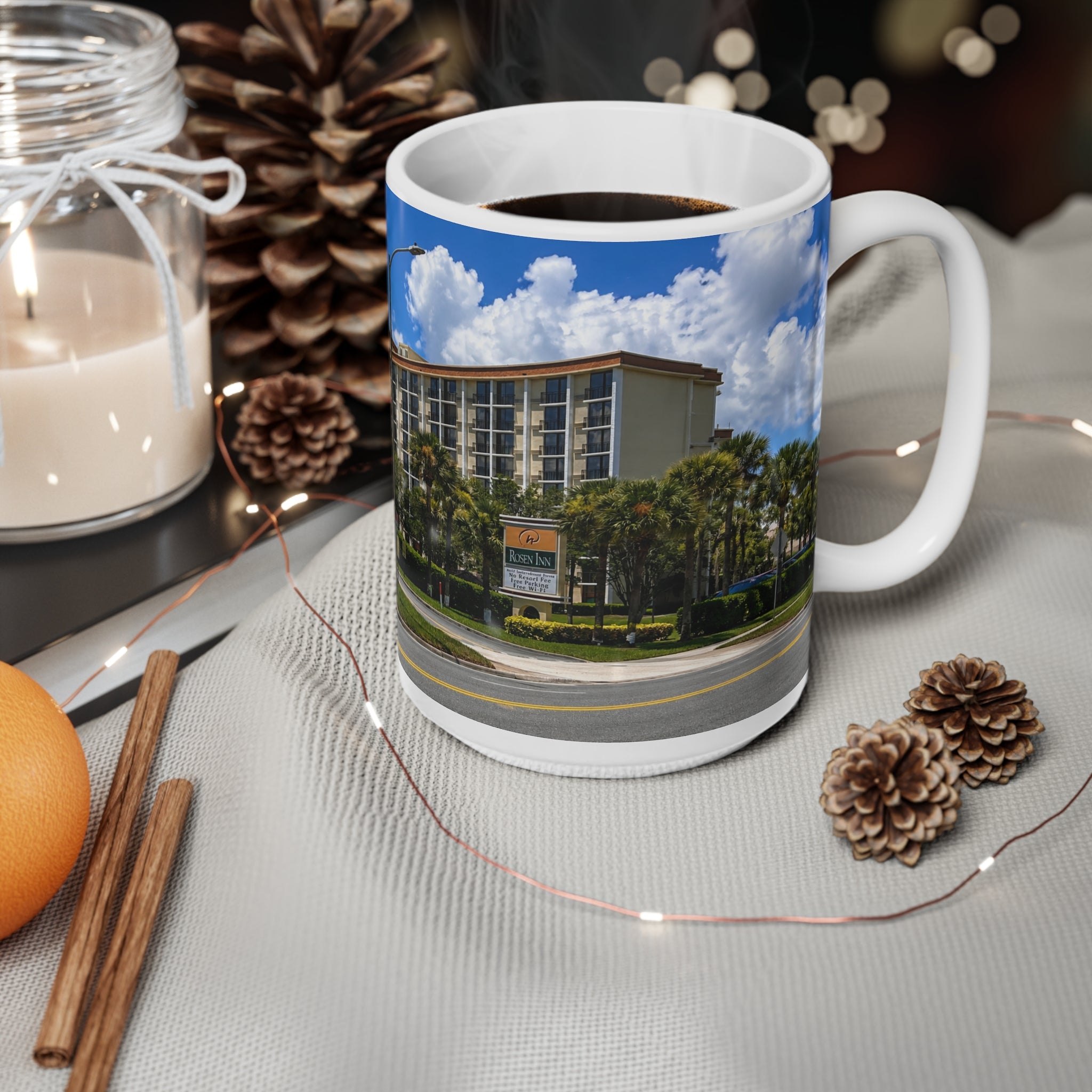 Rosen Inn Closest to Universal Orlando Ceramic Mug — Tropical Hotel & Palm Trees Coffee Cup (11oz, 15oz)