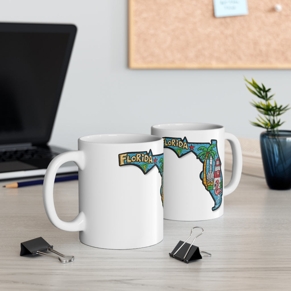 Florida State Map Coffee Mug – Retro Palm Trees, Lighthouse & Flamingo 11oz/15oz