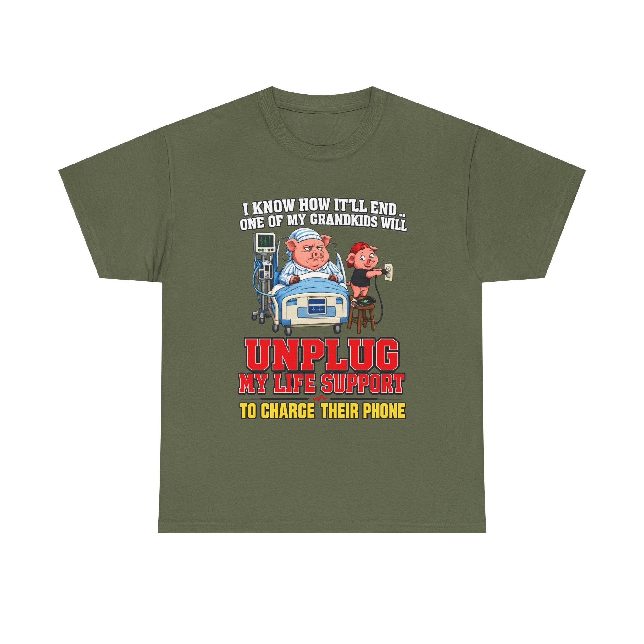 Funny Grandpa T-Shirt - "Unplug My Life Support to Charge Their Phone" Grandpa Humor Tee
