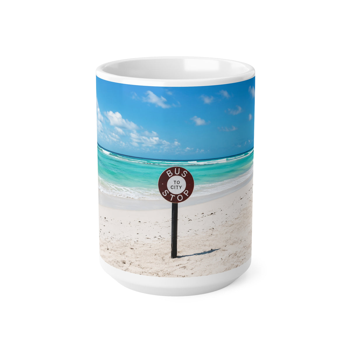 Barbados Beach Bus Stop Photo Mug — Tropical Ocean Scene Ceramic Coffee Cup (11oz & 15oz)
