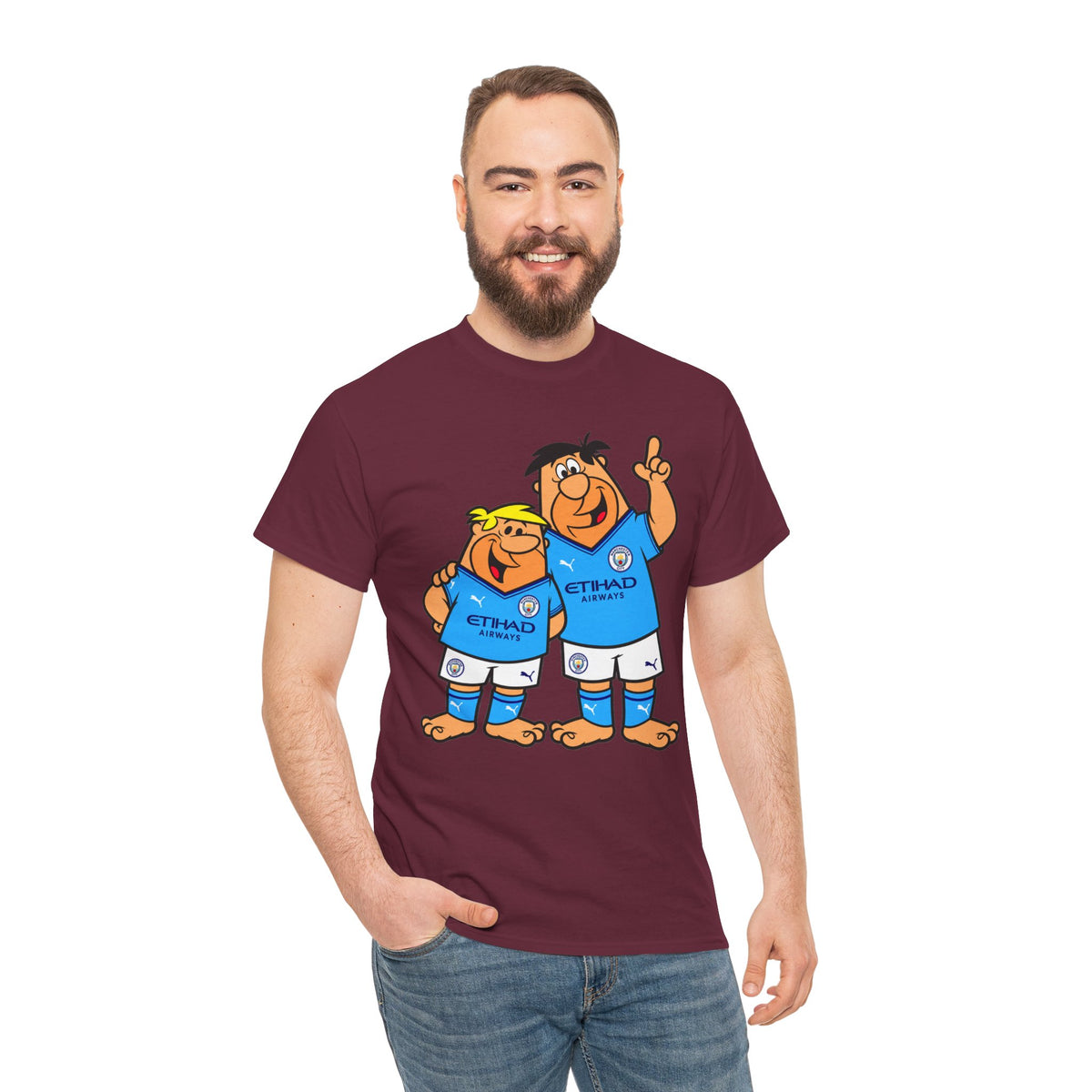 Manchester City The Flintstones Etihad Airways Cartoon Cotton T-Shirt