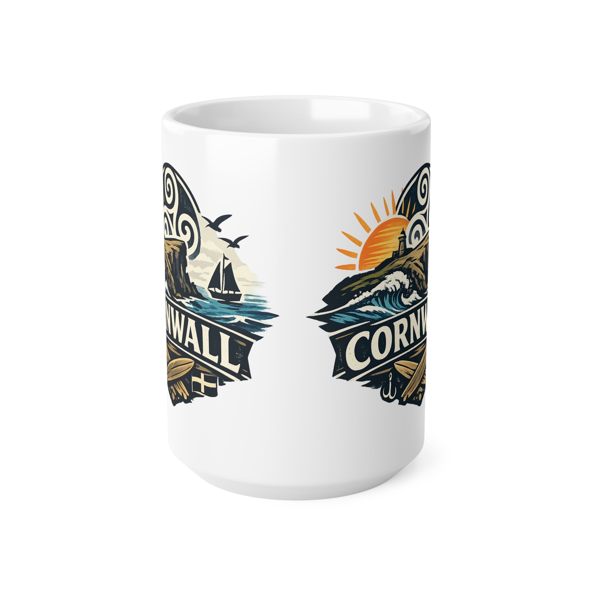 Cornwall Coastal Mug — Scenic Sunset Sail Ceramic Coffee Cup (11oz & 15oz)