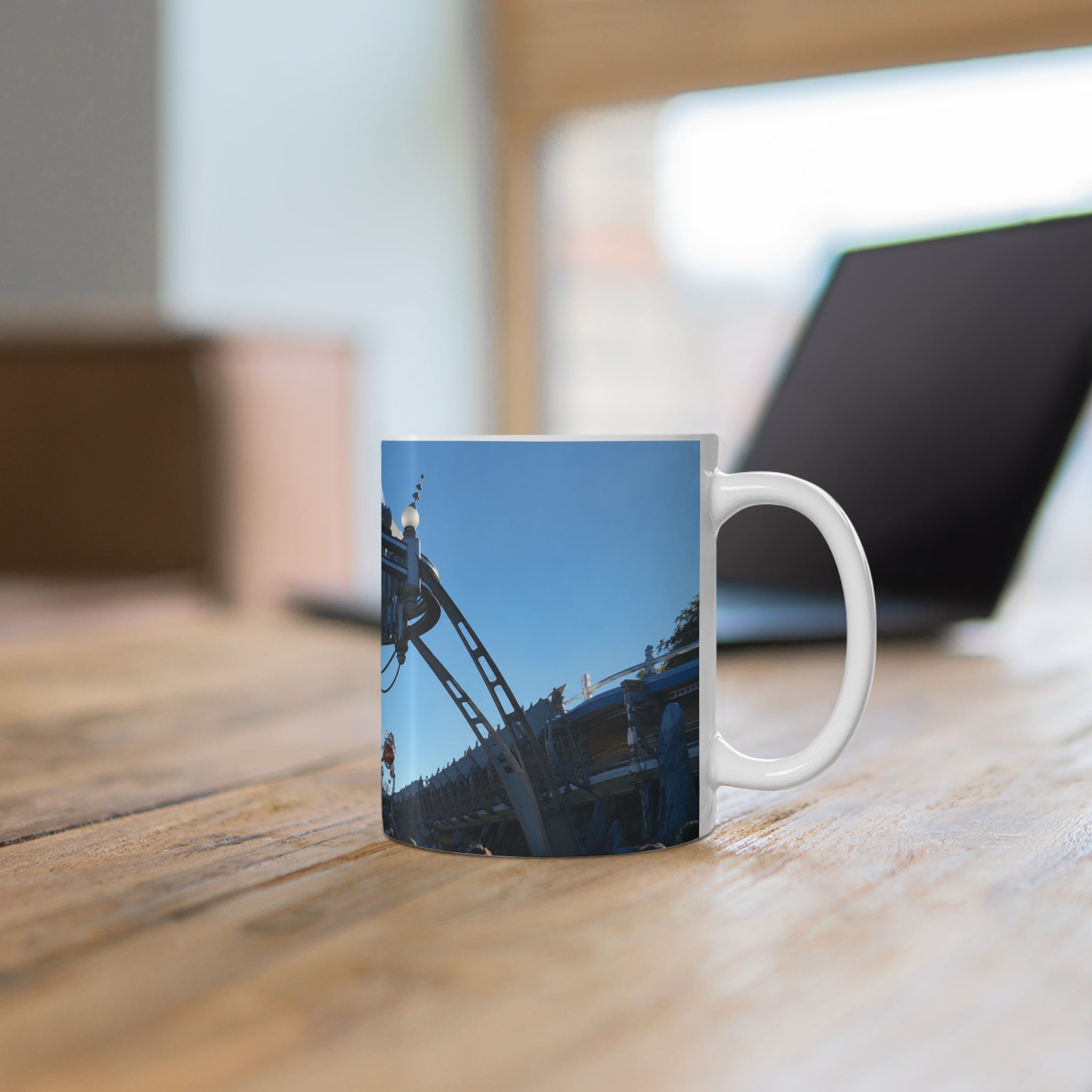 Tomorrowland Sign Photo Ceramic Mug — Vintage Carnival Sky Coffee Cup (11oz/15oz)