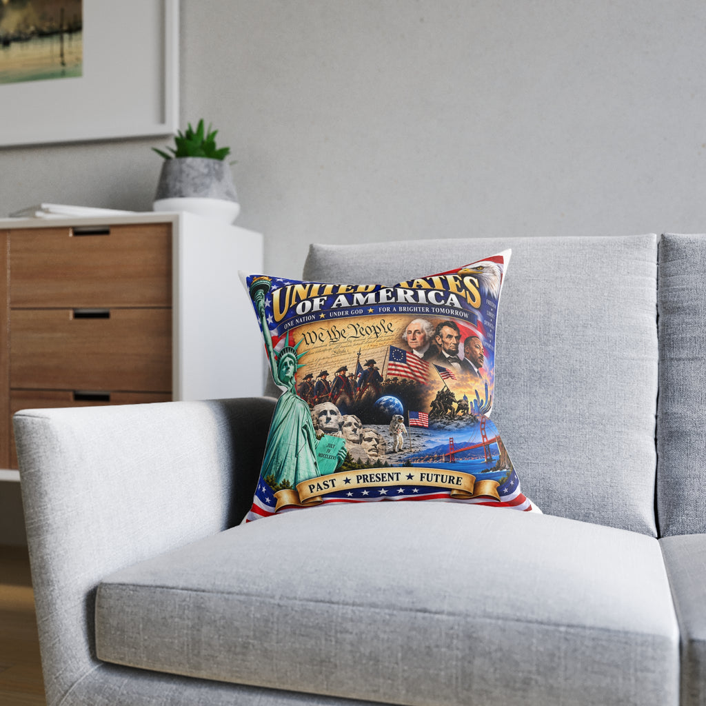 United States of America Patriotic Square Pillow — "We the People" Past Present Future