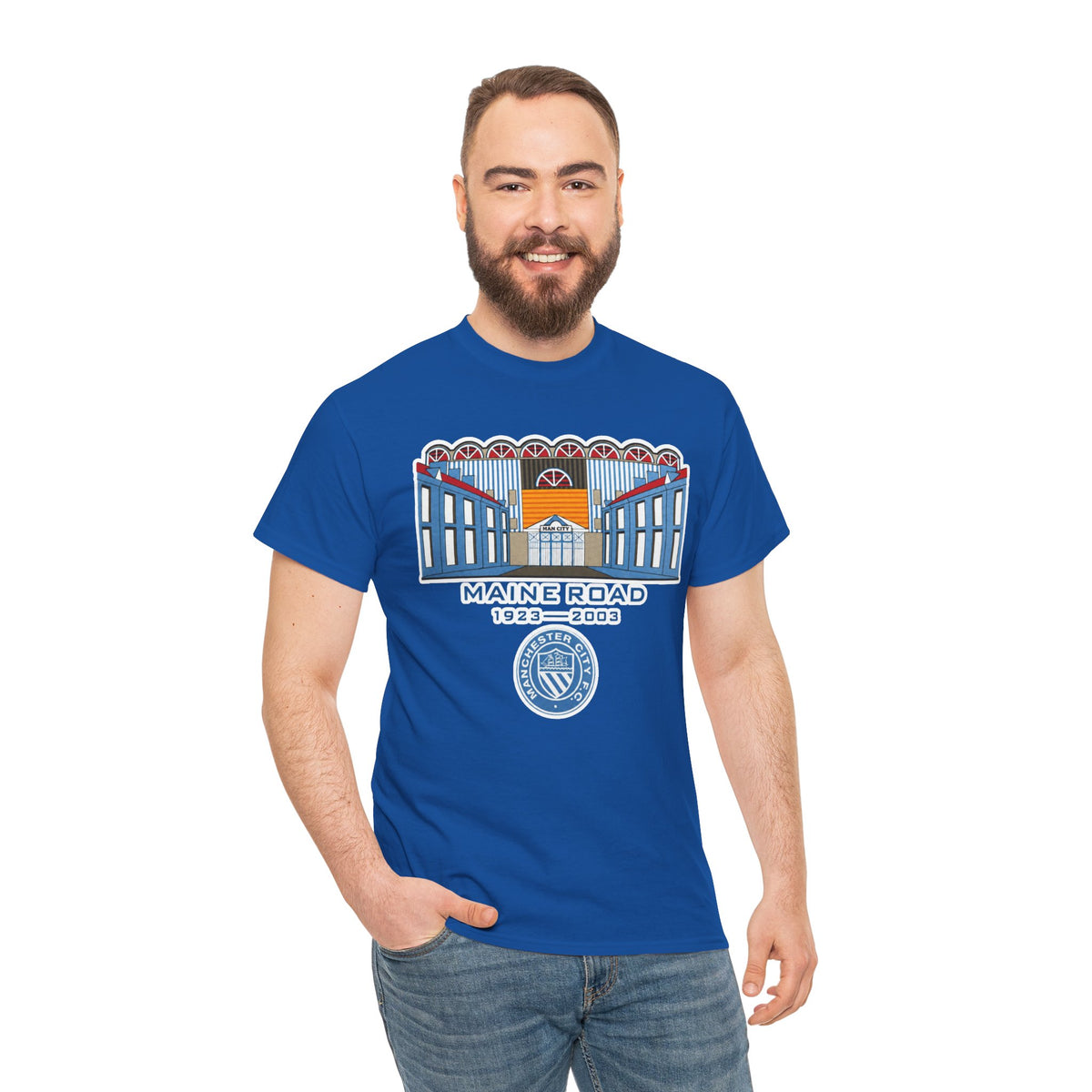 Maine Road 1923–2003 Cotton T-Shirt — Vintage Stadium Illustration Tee
