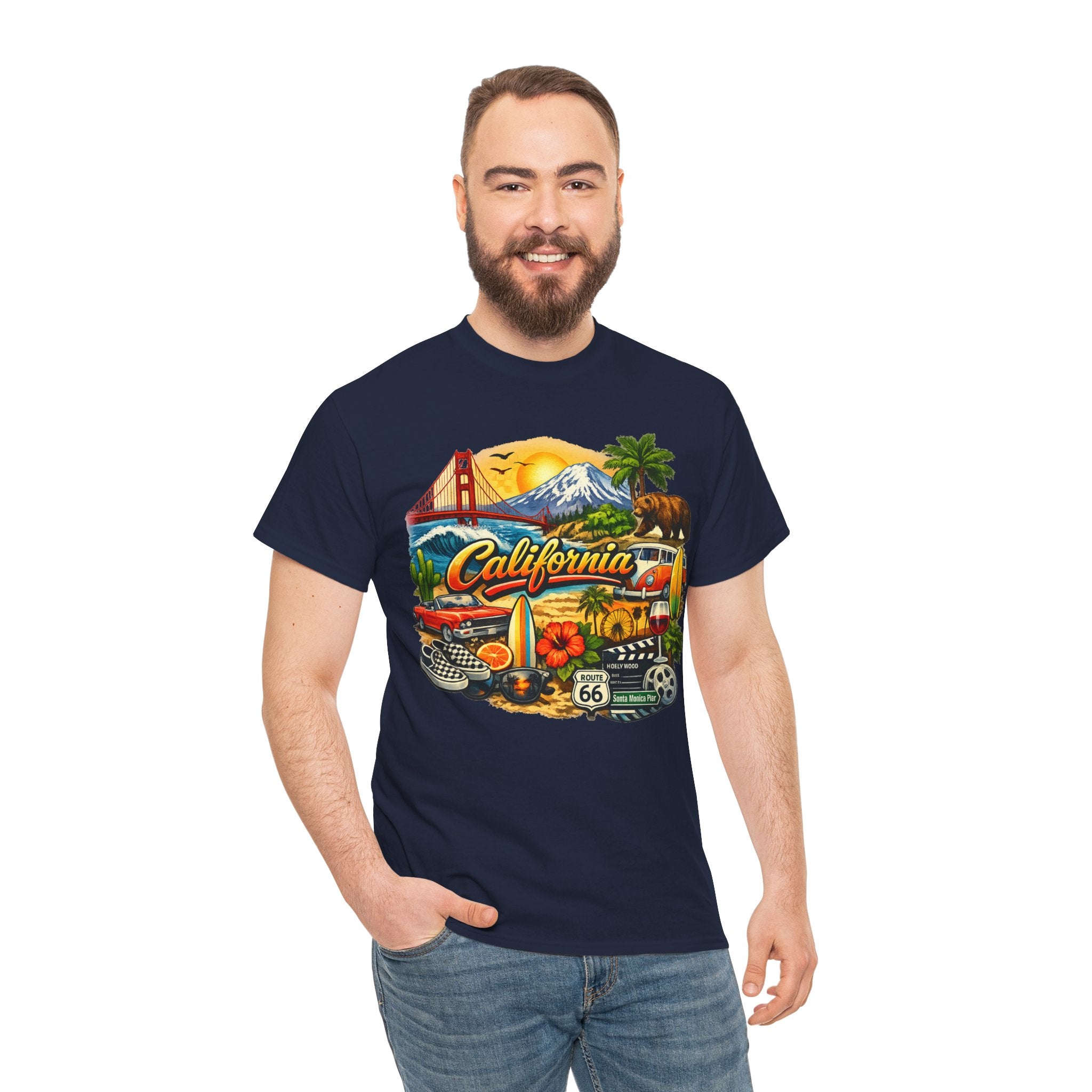 California Vintage Travel T-Shirt — Golden Gate, Palm Trees & Route 66 Tee